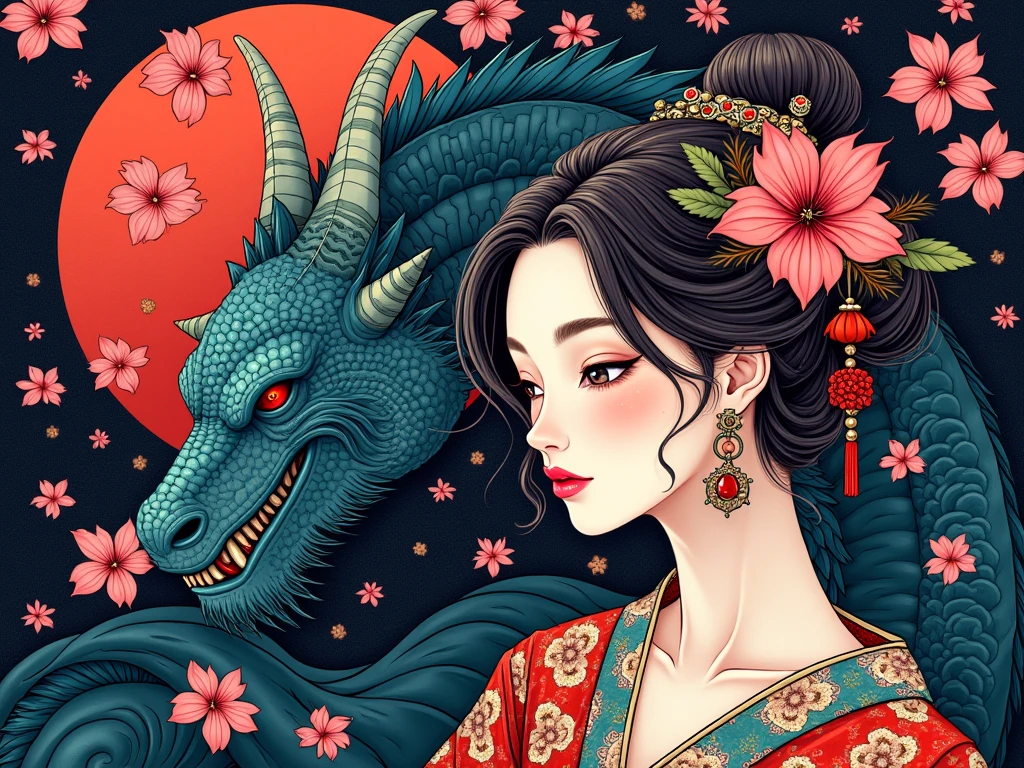 female dragon in japan folk outfit, vector graphics, strong contours, logo design
f