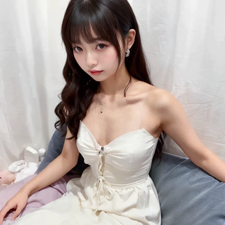 raw photo, 8k, (top-quality), Realistic, (real picture, Intricate details), (natural skin texture, detailed skin, hyper realism, sharpness), (Japanese teenage girl sitting on small bed in a hotel at night, hands between leg), ((white night dress, sleeveless, see-through)), (((flat chast:1.5))), (slender body, pale skin:1.2), ((straight hair, blunt bangs)), (baby face, provocative look, Parted lips:1.3, red thick lips, under eye circle), night time, red wallpaper, blue light, hard lighting:1.3