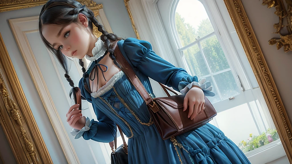  flat chested、There is a young girl wearing a chic colored tight long dress and carrying a handbag, Victorian style costume,  Victorian blue dress , victorian dress,  Rococo dress , Historical Baroque Dresses,  Victorian fashion , Rococo Dress, I have a young girl wearing 1860s clothes ,  Victorian fashion ,  wearing 1850s clothes , 子供綿  underwear visible ,  underwear visible , Embarrassed,、  I can see the translucent chemise 、 flip through the skirt, Low Angle