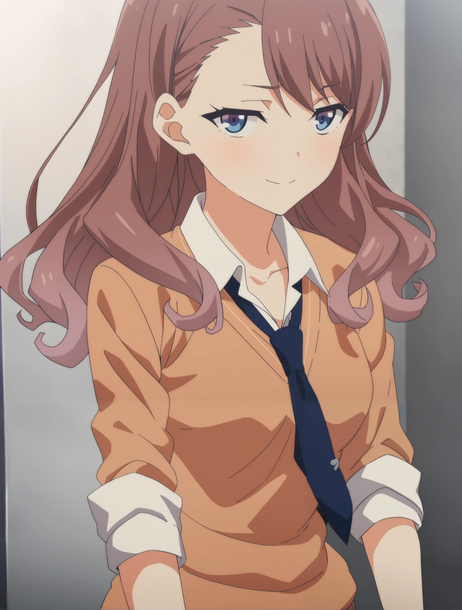 satomaya, 1girl, blue eyes, brown hair, bangs, school uniform, shirt, sweater,sleeves rolled up , necktie, jitome, close up, smile, looking at viewer, [anime screencap::0.3], masterpiece,best quality,black elotic panties, show off elotic panties,show off your big butt