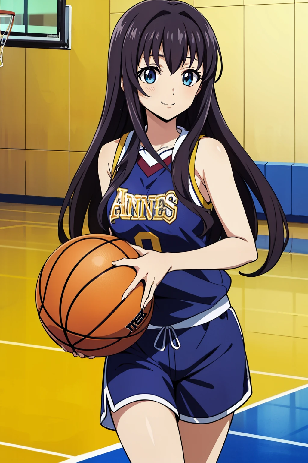 1 girl, cute, black hair, 髪band, masterpiece, (Running and dribbling a basketball), (black basketball uniform), ((in the high school gym)), (smile), (anime cels style, Masterpiece, best quality, high resolution, anime colored, megami magazine:1.2, anime poster style, anime keyvisual, sharp, 8k, photorealistic), beautiful eyes