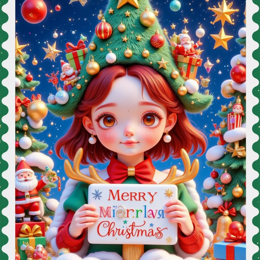 stamps：一个美丽的戴着Christmas tree帽子的女孩在圣诞信前拿着精美的礼物 ，(((The box says Christmas glows )))。 Hair is decorated with gifts +Christmas tree+Hut+Gingerbread Man+Bow。Short hair，  beautiful face， skin details ，Finding an audience，Official illustrations，cute，interesting