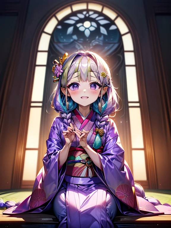 (  best quality , Highest,  high definition  , 8k,  Official Art), (kimono), (Princessのkimono :1.7), (花模Mr.のkimono:1.7), (Youngest:2.0), kimonoを着た女、Vivid kimono、 Amazing Digital Illustration 、美しいsmileの女、 White Tooth Top Is Visible 、 colorful Ukiyo-e style anime illustration、( light purple hair :1.7)、(long thick single braided hair:1.7)、Beautiful Anime Paintings、、 Detailed Anime Art 、smile、youngころ、young、Baby Face、Young、 s、 smaller、Mr.々pose、Princess、 Luxurious Hair Ornaments、豪華なkimono、(I wear a lot of hair ornaments:1.7)、(６age:1.7)、鮮やかなkimono、(kimonoのデザインを変えて:1.7)、Beautiful fingers、Beautiful hands、Hands are aligned around the front and bottom 、Floral decoration、(Rapunzel hair :1.7)、