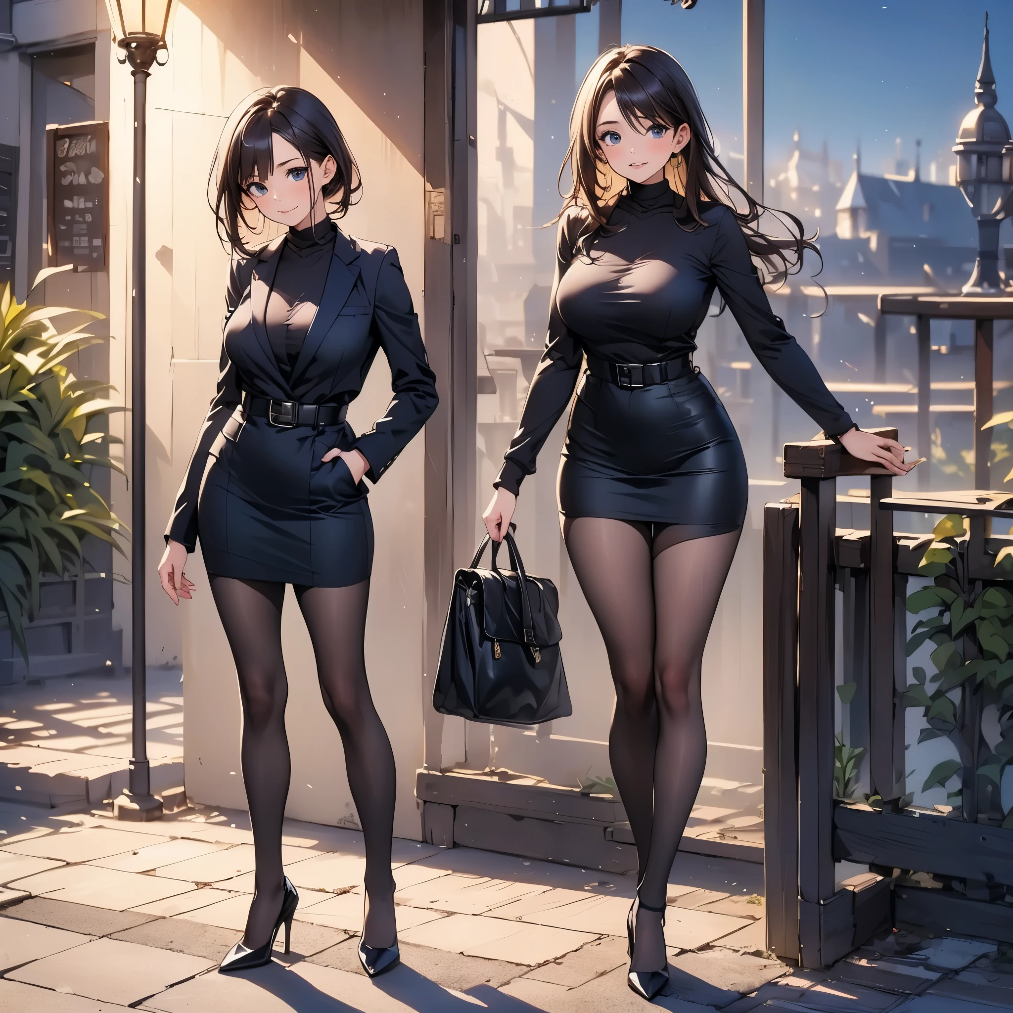Two stunning girls, each showcasing top-quality figures with full limbs and complete fingers, gracefully stroll down the bustling street. Their slender beauty is accentuated by the subversive allure of their dominatrix and sub outfits hidden beneath trench coats. Leather straps crisscrossing their thighs, revealing a subtle cameltoe effect, add an intriguing air of mystery to their ensembles. Their round, voluptuous asses sway seductively with every step they take. The crowd around them cannot help but stare in awe, captivated by the women's confidence and allure.