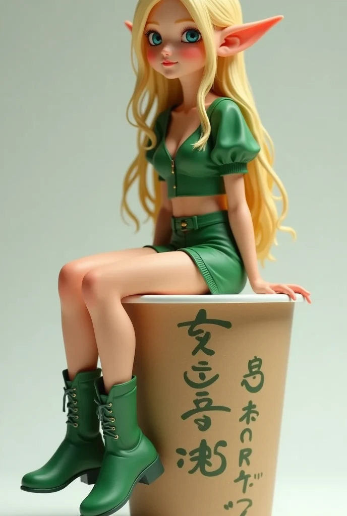 A cup noodle container with the product name printed on the side with the cover tightly closed, A small miniature elf figure sitting on the edge of the cover, full body, PVC texture, long blonde hair, Azure eyes. green short puff sleeve cropped shirt, green low rise shorts, green short boots, smile, super realistic, from above, Tilt lens photography, simple background