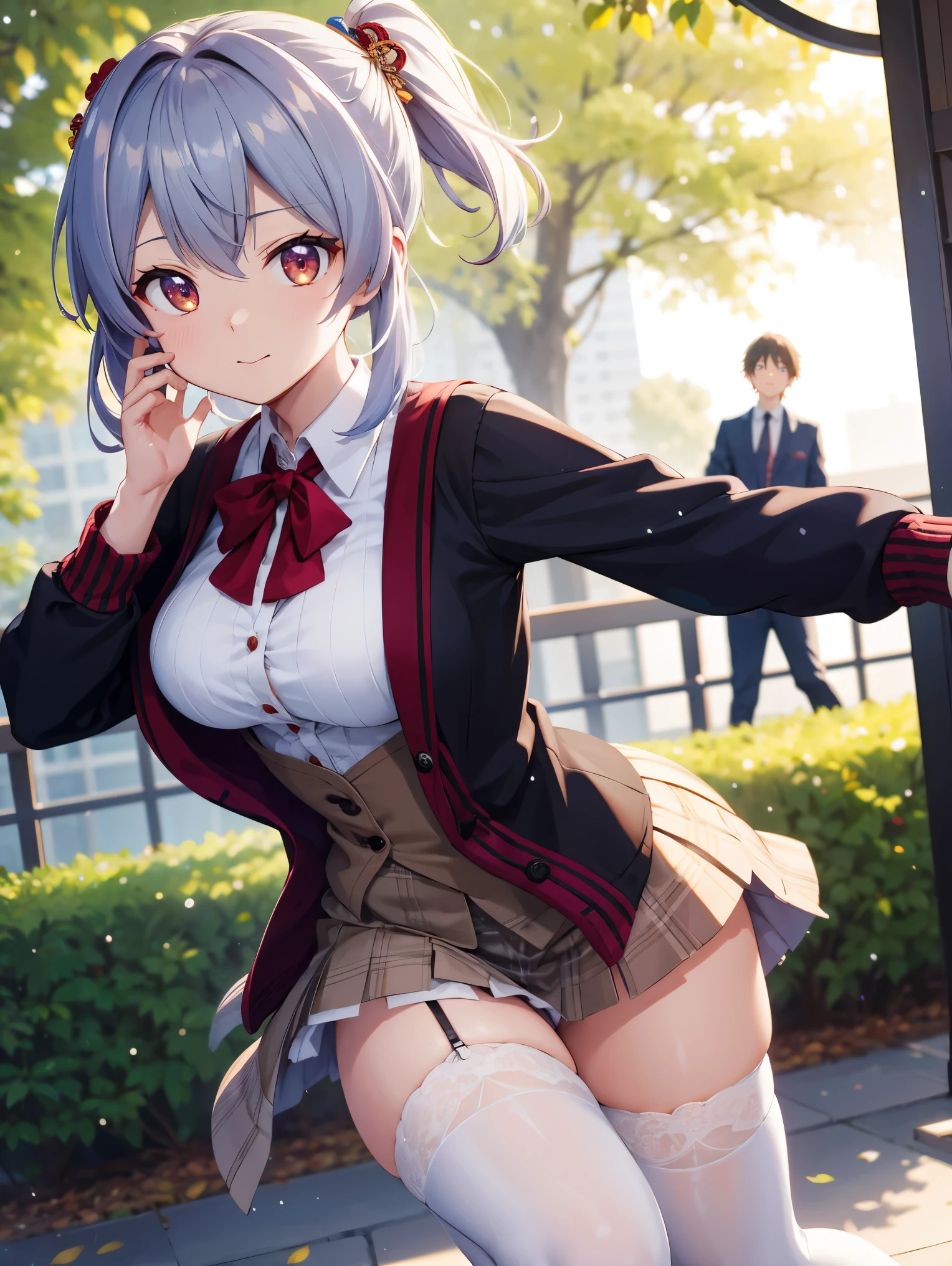 masterpiece, highest quality, High resolution, ayui, short hair, single hair bun hair, red eyes, smaller head, clavicle, neck ribbon, white shirt, dress shirt, blazer, black jacket, open jacket, long sleeve, plaid skirt, smile, blush, outdoor, white thighs, (huge breasts), (wide pelvis), (Are standing), (very big_lower body:1.5), (Very thick_foot:1.5), (完全に露出したpanties:1.5), (panties丸見え:1.5), (pink_race_panties:1.5), (skirt lift:1.5), (スカート that rolls up:1.5), (footをクロスさせる:1.5), (Looking up at the crotch from below_perspective:1.5), (looking at the viewer), (cowboy shot)