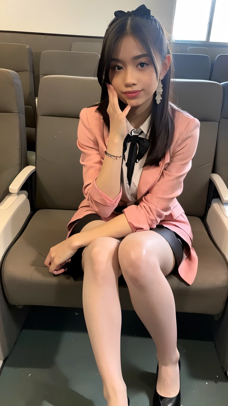 （Pure and cute Chinese college student 1.5）， (20 years girl student), ((College Uniform silky pink blazer and silky black Knee length skirt)), ((skirt: 1.5), 8K, Masterpiece, RAW photo, Best quality, Photorealistic, Extremely detailed CG Unity 8K wallpaper, Depth of field, Cinematic light, Lens flare, Ray tracing, (Extremely beautiful face, Beautiful lips, Beautiful eyes), intricate detail face, ((ultra detailed skin)),（true to life，Photorealistic 1.8）,((best qualtiy, 8K, tmasterpiece:1.3)),SLR camera (double eyelid，largeeyes:1.3),（smile1.5），（Full body photo 1.5）（One person 1.5）Clear focus 1.2, Perfect body beauty:1.4 , Delicate skin1.1,（Short black hair 1.6），（Delicate makeup1.4），（Pure desire 1.3）(Black pantyhose 1.5)（The leg length is one meter two，1.5），Hair is slightly curled，Black hair,  Bow knot, Slender legs，canvas Matty Black shoe，With earrings，Wristband jade bracelet，posing in University auditorium hall, 4 different poses, beautiful knees , no need extra legs, no need extra hands, no need extra fingers, do not show panty, do not expose, no need stockings, no need full thighs show.