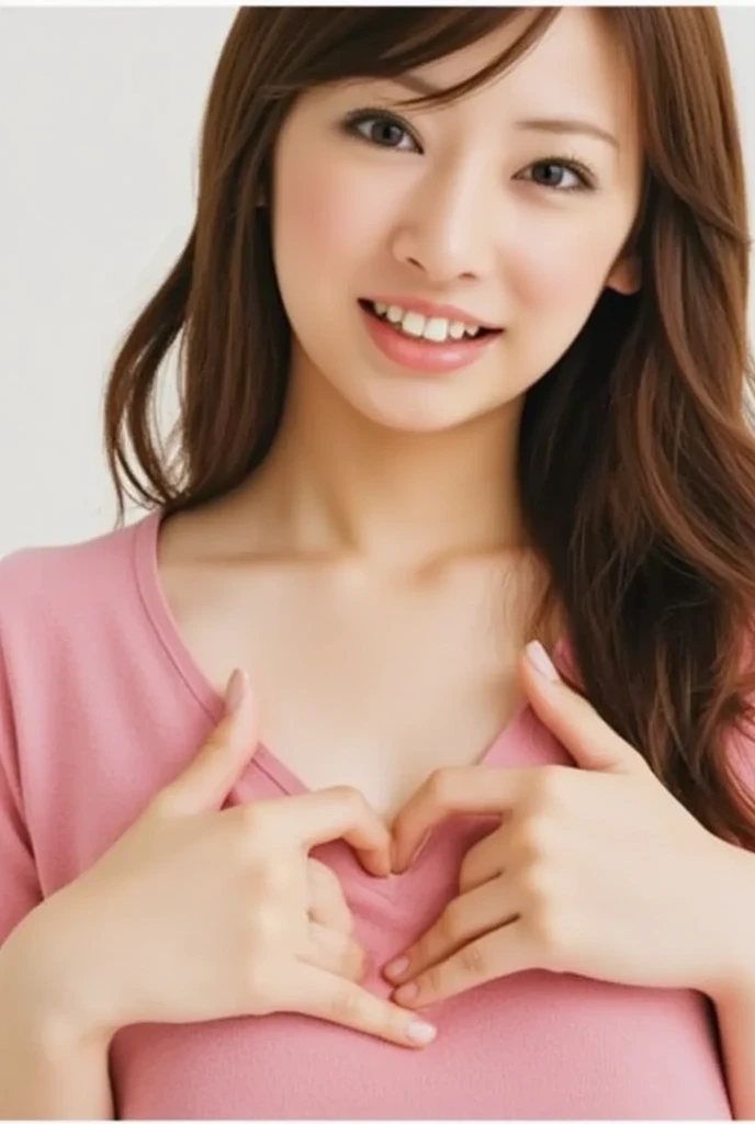 Only one smiling woman poses wearing cute pajamas with only her shoulders exposed, making a firm big heart shape with both hands, and holding them in front of her chest, View above collarbone、The background is a monotone 、
