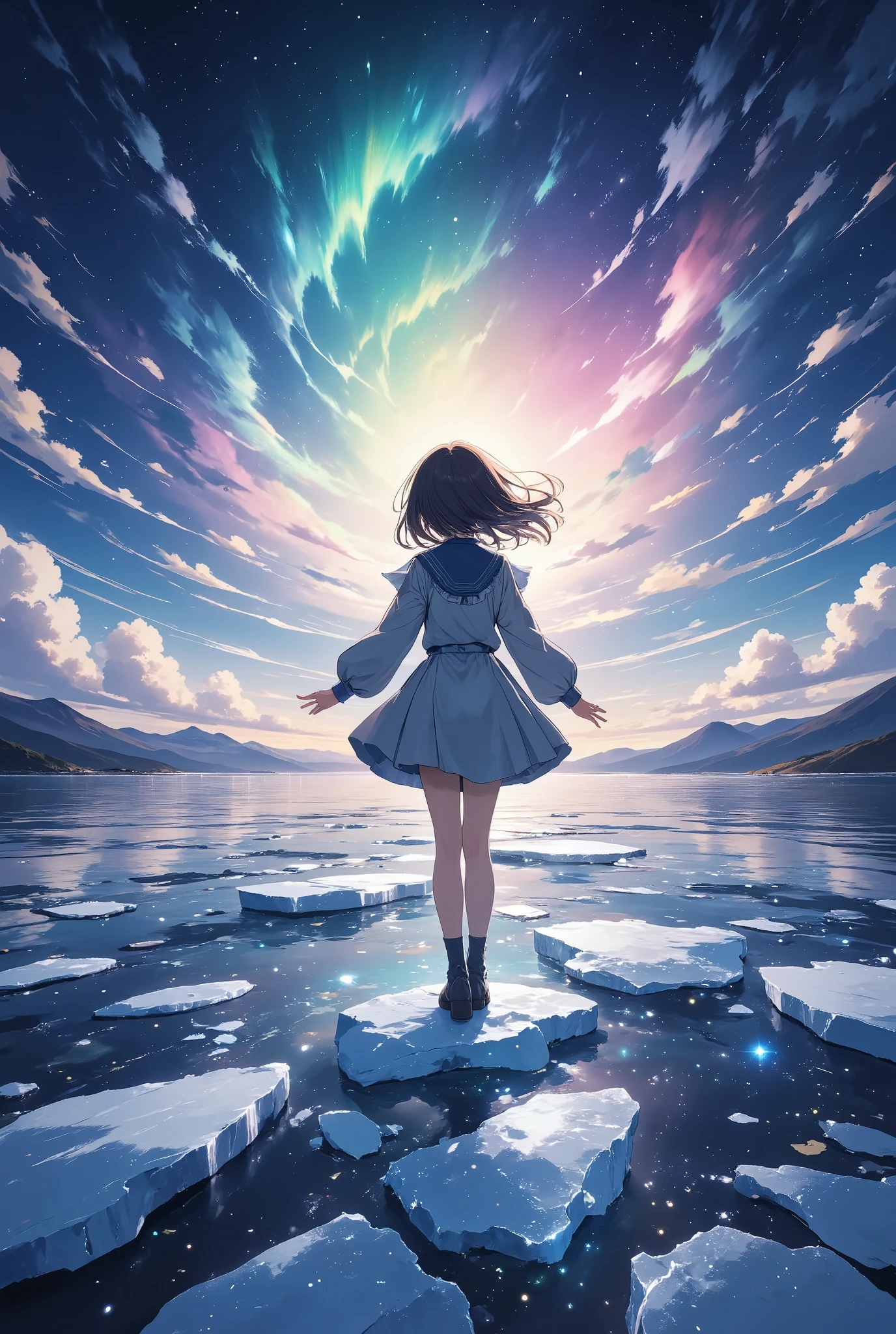 ((Glacier)),An artistic depiction of an aurora in the night sky over a vast, icy glacier. The aurora is uniquely shaped like elegant, feminine legs, glowing with flowing ribbons of green, pink, and blue light. The legs are gracefully arched as if dancing in the sky, blending seamlessly into the natural beauty of the scene. The glacier below reflects the vibrant aurora, with intricate icy textures that glisten in the soft light. The setting is ethereal, with a star-studded sky and the faint silhouette of mountains in the background.