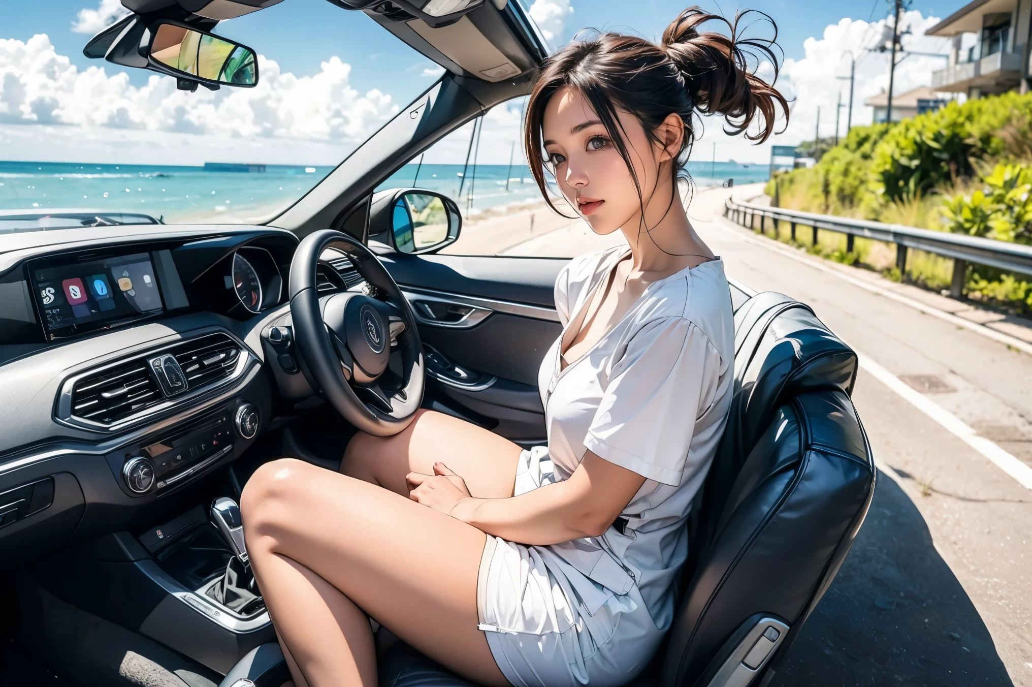 The upper body is a black micro bikini. The lower body is denim shorts. She is wearing sunglasses and smiling. She is driving her car with her hand outstretched and holding the steering wheel. She is driving on the roads along the coast of Okinawa. Very nice weather. The car is a Toyota Prius. This is a picture of me driving. She sits in the driver's seat and drives.