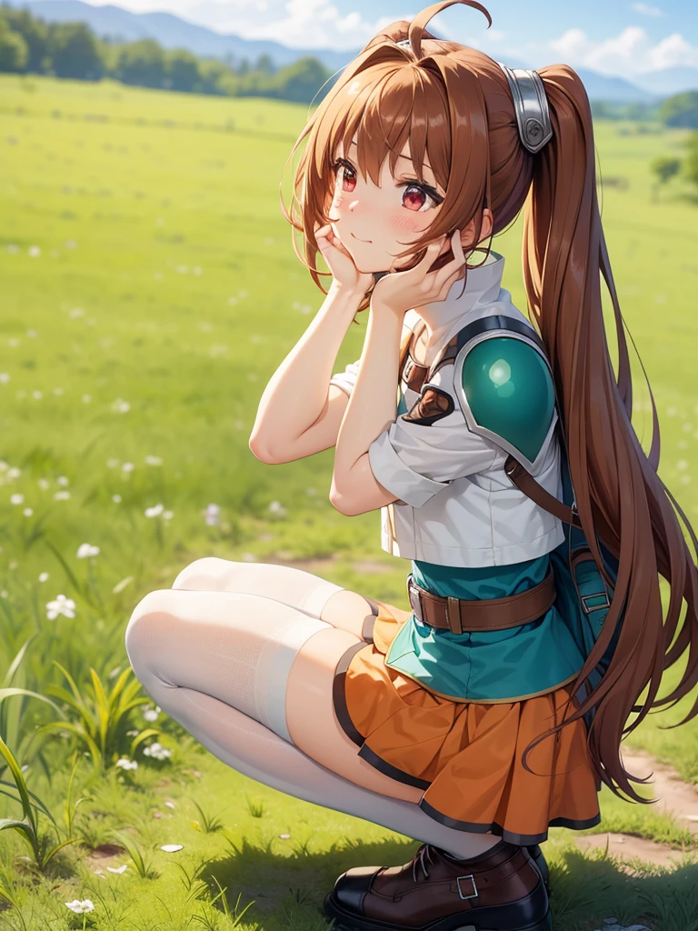 (masutepiece, Best Quality, hight resolution, nffsw, Perfect Pixel, depth of fields, 4K), Beautiful anime girl, Perfect body ,,,scEstelle, cropped jacket, green shoulder pad, tan shirt, orange skirt, belt, white thighhighs, , outdoors, bush, , squatting, , backpack, hand on own face, blush, , hand on own cheek, , blurry, from side, hand up, looking to the side, , grass,