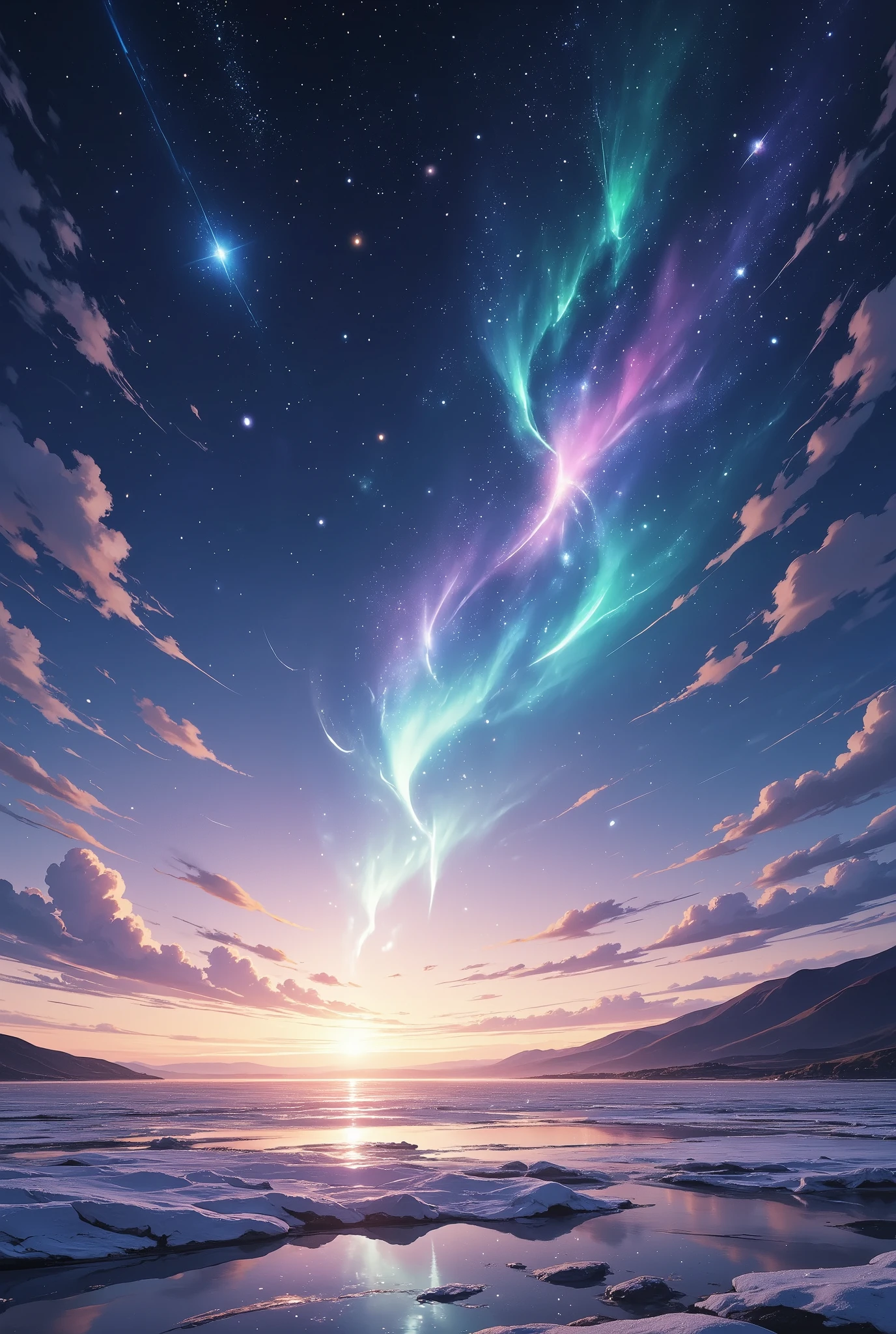 An artistic depiction of an aurora in the night sky over a vast, icy glacier. The aurora is uniquely shaped like elegant, feminine legs, glowing with flowing ribbons of green, pink, and blue light. The legs are gracefully arched as if dancing in the sky, blending seamlessly into the natural beauty of the scene. The glacier below reflects the vibrant aurora, with intricate icy textures that glisten in the soft light. The setting is ethereal, with a star-studded sky and the faint silhouette of mountains in the background.