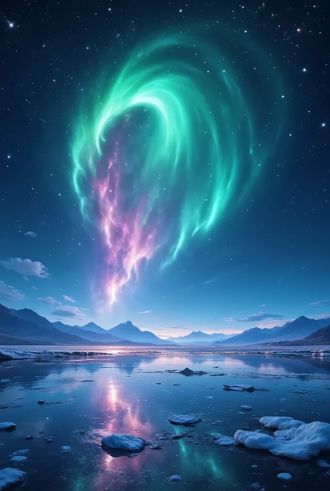 An artistic depiction of an aurora in the night sky over a vast, icy glacier. The aurora is uniquely shaped like elegant, feminine legs, glowing with flowing ribbons of green, pink, and blue light. The legs are gracefully arched as if dancing in the sky, blending seamlessly into the natural beauty of the scene. The glacier below reflects the vibrant aurora, with intricate icy textures that glisten in the soft light. The setting is ethereal, with a star-studded sky and the faint silhouette of mountains in the background.