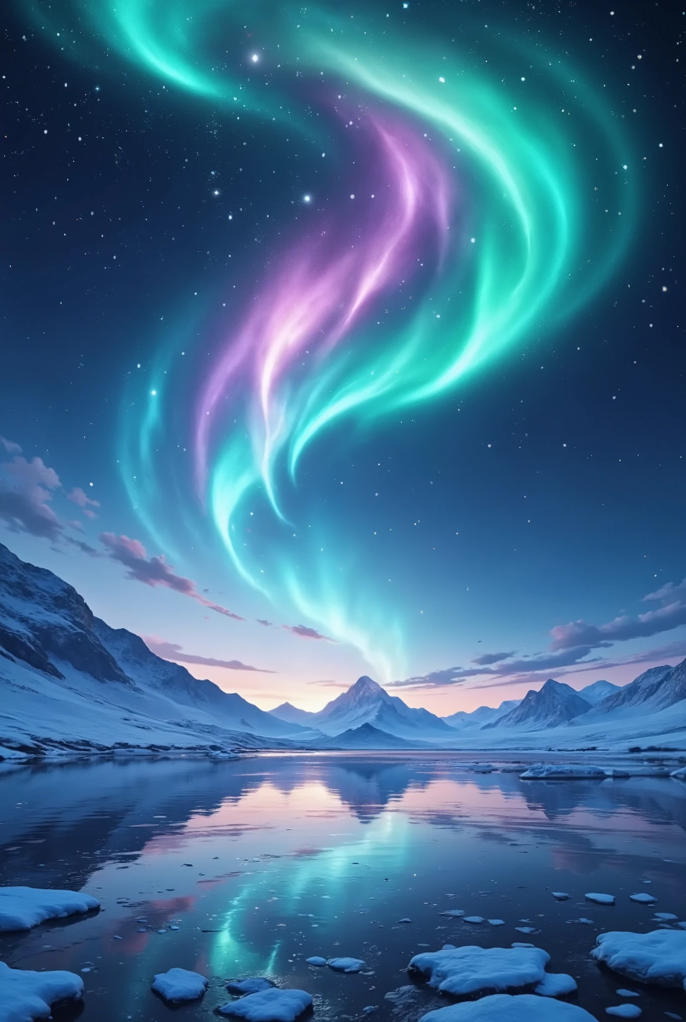 An artistic depiction of an aurora in the night sky over a vast, icy glacier. The aurora is uniquely shaped like elegant, feminine legs, glowing with flowing ribbons of green, pink, and blue light. The legs are gracefully arched as if dancing in the sky, blending seamlessly into the natural beauty of the scene. The glacier below reflects the vibrant aurora, with intricate icy textures that glisten in the soft light. The setting is ethereal, with a star-studded sky and the faint silhouette of mountains in the background.