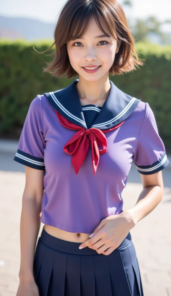 (Looking directly at Viewer:1.5),(big smile:1.2)32K, masterpiece, Raw photo, Best Quality, Photorealistic, Highly detailed CG Unity 32K wallpaper, depth of fields, Cinematic Light, Lens Flare, Ray tracing, (Extremely beautiful face, Beautiful lips, Beautiful eyes), intricate detailed face, ((Ultra detailed skin)) 1girl in, deep shadow, Cutest Pretty Japanese girl, Super Idol, 1 girl,(Happy smile:1.3), Clear eyes, Front shot, (pale skin), (Big eyes:1.2), Face forward, (Brown hairs), thick thighs, (Japanese school uniform:1.1),(double eyelies:1.3),long eyelashes,(white panties:1.2),balanced elegant face,(small mouth:1.1),drooping eyes, cubby ass, big hip
