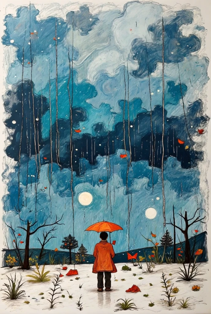 2D, flat, night landscape, Sky without sun, Storm and rain weather ,  lonely man on the horizon under an umbrella,  drawing with cold and dark tones