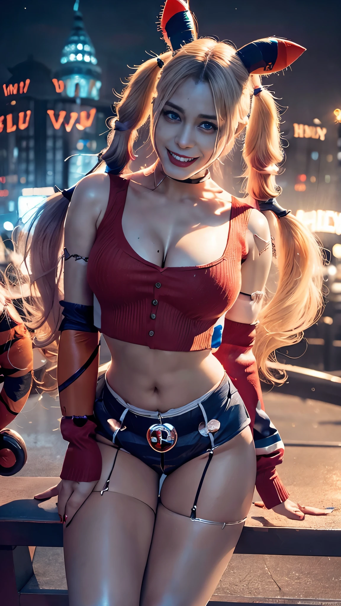 Photorealistic Realism 8K, 16K: A breathtakingly lifelike portrait of Harley Quinn, her vivid hair cascading down her back, contrasting the dark and gritty background of Gotham. Every detail of her outfit, every imperfections on her flawless skin, meticulously captured in ultra-high resolution, offering a crystal-clear sharpness that makes the image stand out. Harley Quinn, , Cabelo Grande, Fogo, Pessoas: A striking composition of Harley Quinn at 16 yearong hair ablaze, surrounded by a vivid display of flames and a group of intriguing characters,