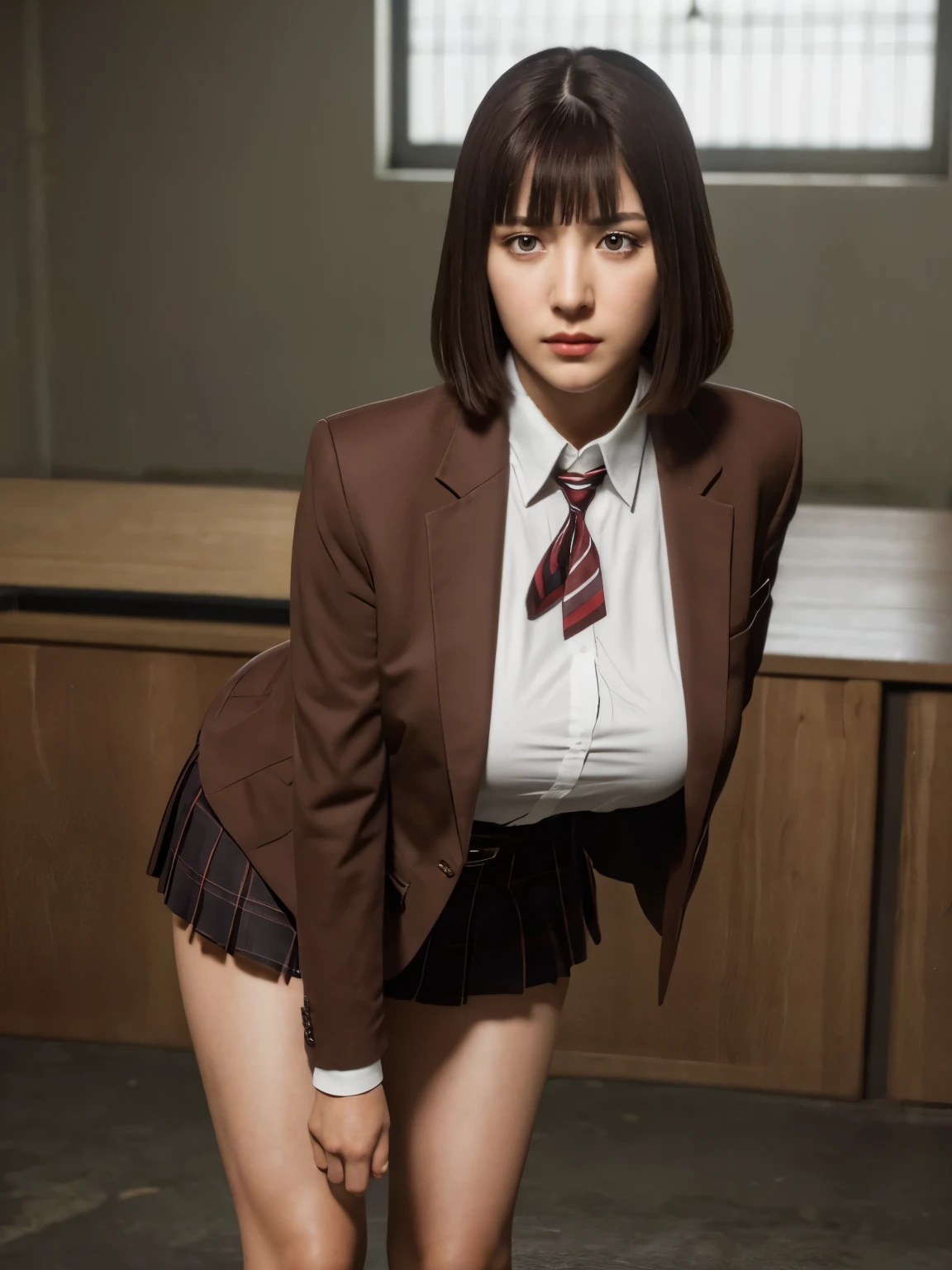 (highest quality:1.2, masterpiece:1.2), 8K, Professional Lighting, Cinematic Lighting, ultra realistic & detailed portrait of Kurihara Chiyo (Prison School), (dark brown hair, bangs, bob short), ((ribbon on neck, collar formal shirt, brown school jacket, brown school blazer, check skirt, knee high sock, shoes)), (detailed eyes, perfect eyes, fine eyes, clear eyes), ((ultra realistic interior of narrow & abandoned school, ultra detailed interior of school, dark atmosphere)), ultra huge breasts, ultra huge cleavages, ultra huge tits, ultra huge boob, standing, (looking at viewer), cowboy shot, zoom up angle, close up angle, half-smile, sweet smile, 