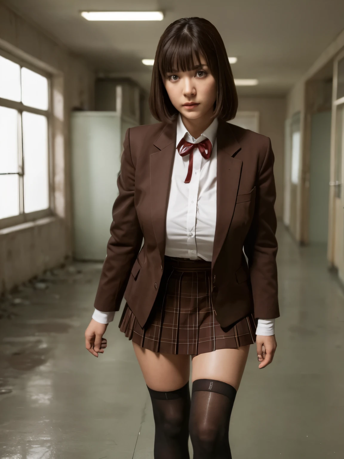 (highest quality:1.2, masterpiece:1.2), 8K, Professional Lighting, Cinematic Lighting, ultra realistic & detailed portrait of Kurihara Chiyo (Prison School), (dark brown hair, bangs, bob short), ((ribbon on neck, collar formal shirt, brown school jacket, brown school blazer, check skirt, knee high sock, shoes)), (detailed eyes, perfect eyes, fine eyes, clear eyes), ((ultra realistic interior of narrow & abandoned school, ultra detailed interior of school, dark atmosphere)), ultra huge breasts, ultra huge cleavages, ultra huge tits, ultra huge boob, standing, (looking at viewer), cowboy shot, zoom up angle, close up angle, half-smile, sweet smile, 