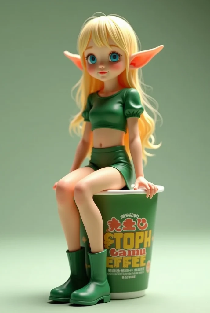 A cup noodle container with the product name printed on the side with the cover tightly closed, A small miniature elf figure sitting on the edge of the cover, full body, PVC texture, long blonde hair, Azure eyes. green short puff sleeve cropped shirt, green low rise shorts, green short boots, smile, super realistic, from above, Tilt lens photography, simple background