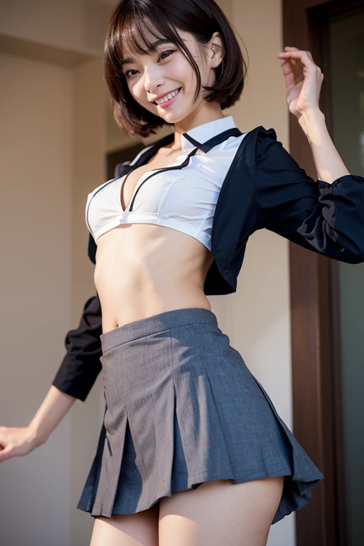 girls in classroom,white ribbon bikini top,plaid pleated skirt,plaid bow tie,white leggings,18-year-old,bangs,a little smile,thighs,knees,short cut hair,low ponytail,from below,front-lighting