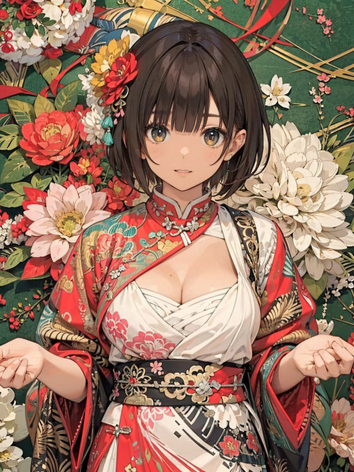  Official Art,  wallpaper,  Very detailed, ((( Very detailedな目と顔))), shut up., masterpiece,  best quality, Realistic Portrait , (ZenTangle, Mandala, Tangle, EnTangle), Complicated clothes,  Very detailed, dynamic angles, The most beautiful form of chaos,  elegant ,  BRUTALISM DESIGN ,  bright color ,   ROMANTIC CHINESE FLOWERS 