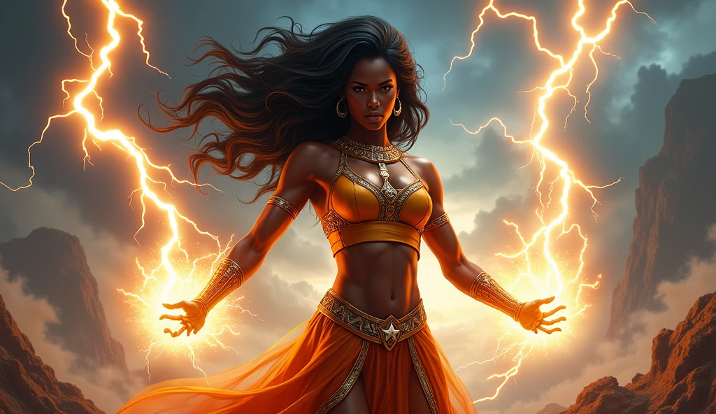 (Pintura digital), (melhor qualidade), Iansã, Goddess of Lightning and Thunder, mulher negra com cabelo afro enorme, red robes full of lightning and thunder around him, Almas/spirits on your feet, Features of the powerful and confident face, a straw whip in hand. Buffalo horns sticking out of his afro hair.