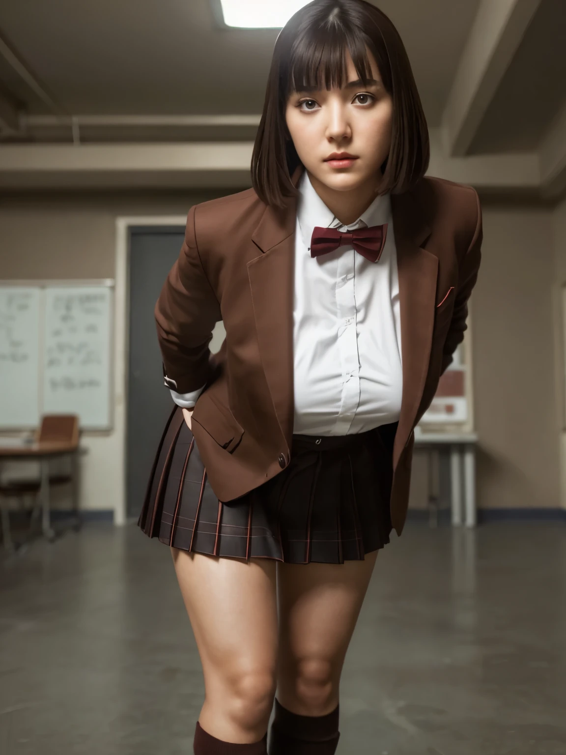 (highest quality:1.2, masterpiece:1.2), 8K, Professional Lighting, Cinematic Lighting, ultra realistic & detailed portrait of Kurihara Chiyo (Prison School), (dark brown hair, bangs, bob short), ((ribbon on neck, collar formal shirt, brown school jacket, brown school blazer, check skirt, knee high sock, shoes)), (detailed eyes, perfect eyes, fine eyes, clear eyes), ((ultra realistic interior of narrow & abandoned school, ultra detailed interior of school, dark atmosphere)), ultra huge breasts, ultra huge cleavages, ultra huge tits, ultra huge boob, standing, (looking at viewer), cowboy shot, zoom up angle, close up angle, half-smile, sweet smile, 