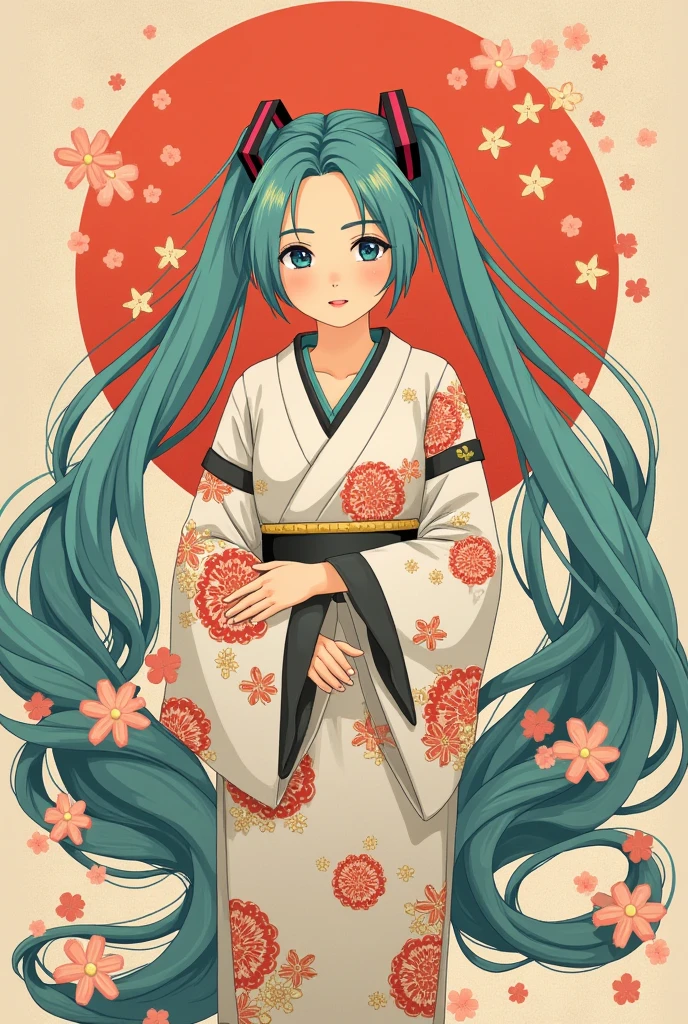 (masterpiece、 best quality、 best quality、 Official Art、 beautiful and beautiful :1.2)、( one girl who is at ease:1.3) Hatsune Miku、 twin tails, Beautiful breasts, Flat Color ,  retro art style, Ukiyo-e style,kimono