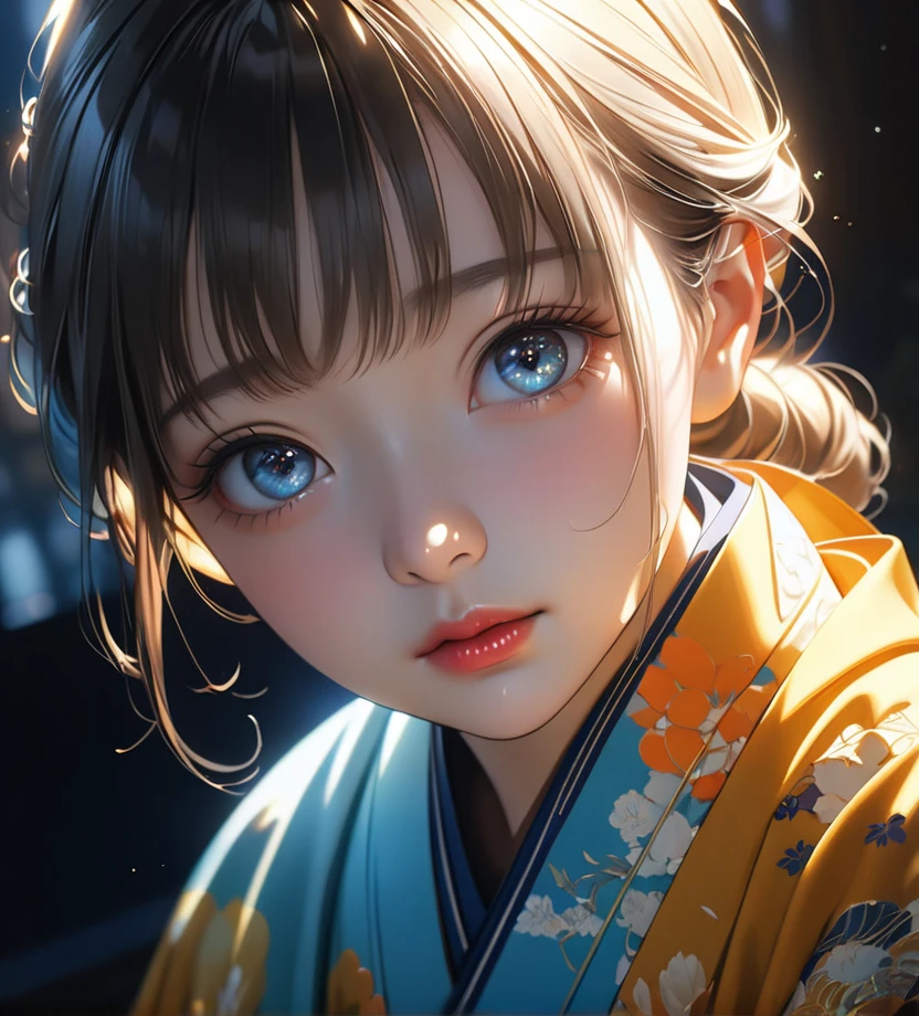 Large満月の光の下で愛を告白する、A beautiful girl in a vibrant kimono, My face turned red from nervousness and embarrassment, Large,  charming eyes,  dramatic shadows  and backlighting, ( best quality,4K,8k, high definition ,masterpiece:1.2), super detailed,(Realistic,photoRealistic,photo-Realistic:1.37), Dramatic Lighting,  amazingly detailed eyes  , very detailed face in light blue underwear, Perfect Skin, has long eyelashes, detailed lips from home, soft lighting , Movie-like , romantic, Mandarin , owl under guard，Sparkling colors,Shining Moon,Dark Night,Looking up in backlight,Exposure,An unreadable facial expression,Aesthetics of moonlight, dramatic shadows , watching viewers firsthand ,I've always loved you❤️,( taken from above:1.37)