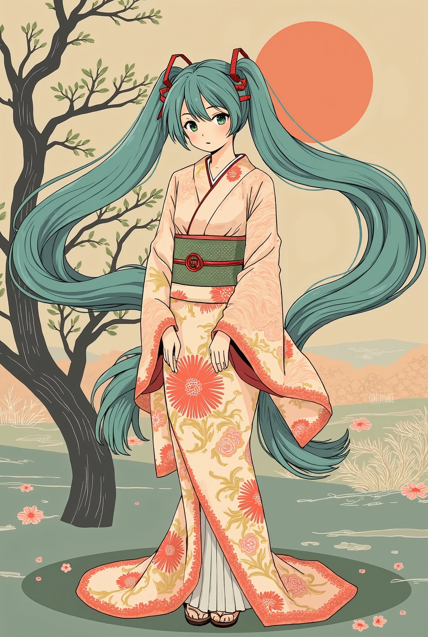 (masterpiece、 best quality、 best quality、 Official Art、 beautiful and beautiful :1.2)、( one girl who is at ease:1.3) Hatsune Miku、 twin tails, Beautiful breasts, Flat Color ,  retro art style, Ukiyo-e style,kimono