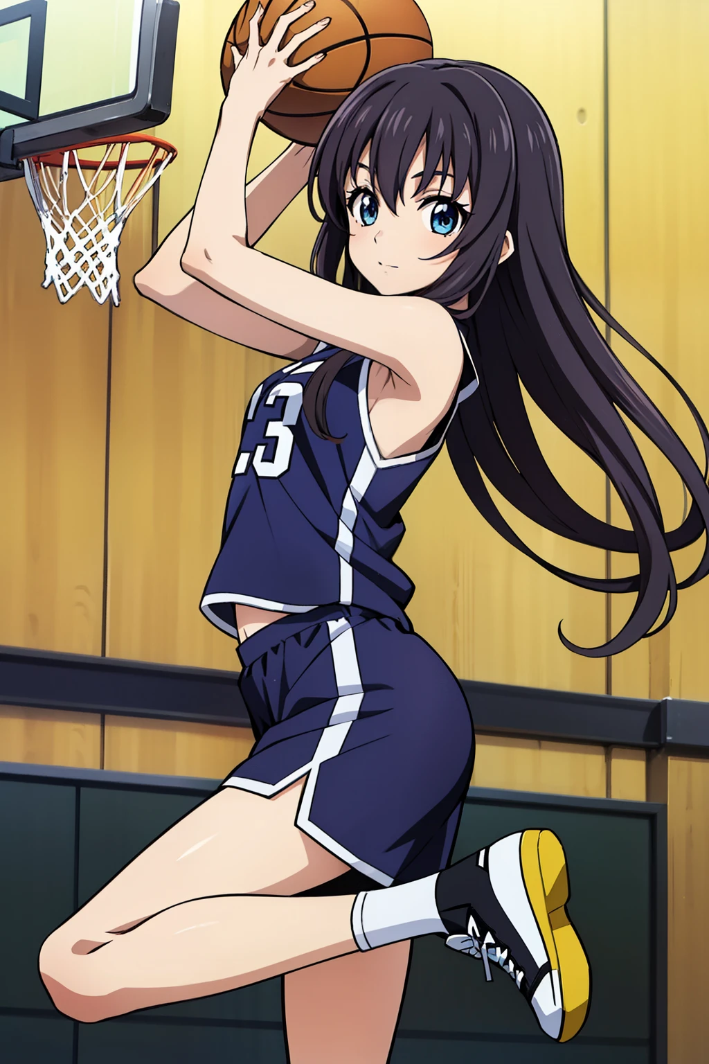 from side, 1 girl, cute, black hair, 髪band, masterpiece, (black basketball uniform), ((Jumping and shooting at the basketball goal)), ((in the high school gym)), (anime cels style, Masterpiece, best quality, high resolution, anime colored, megami magazine:1.2, anime poster style, anime keyvisual, sharp, 8k, photorealistic), beautiful eyes