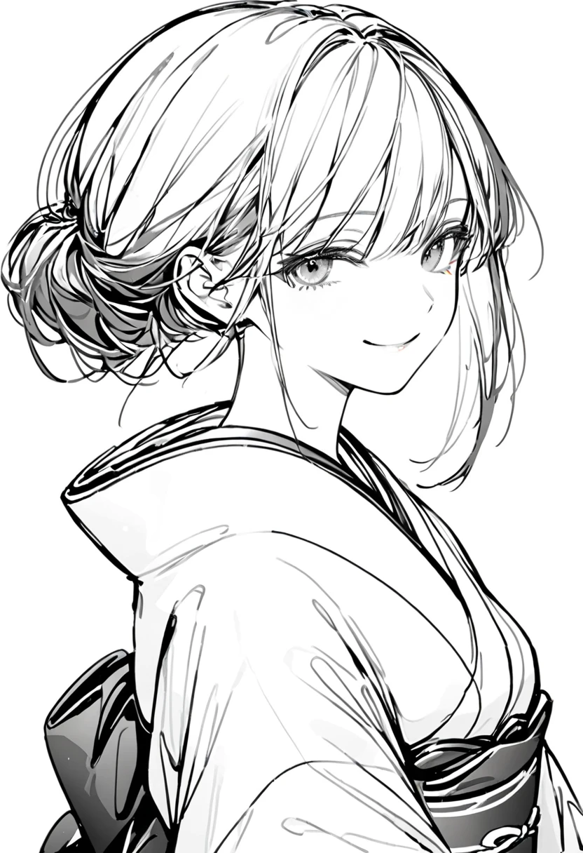 16k, (((front))), Black and white line drawing, Monochrome Art, girl in kimono, smile, Simple ice line art, white background,