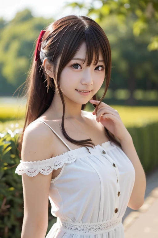 A woman in a dress is posing for a photo, anime girl  cosplay, anime  cosplay,  Nier inspired,  cosplay、 looking at the camera、Detailed and beautiful eyes、 cute smile、 soft and gentle expression 