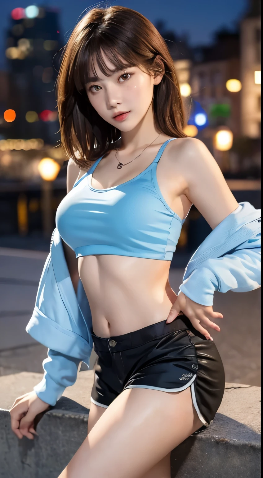 (8k), (highest quality: 1.2), (Realistic), (Realistic: 1.37), Ultra-high resolution, 1 girl, cute, (Embarrassed smile:1.2), (Blushing:1.4)Mouth closed, Beautiful details, Beautiful Nose, Wet Hair, Giant Dulcefo, pork, Thighs,Navel exposed, (Calvin Klein gray sports bra:1.2),(tiny denim hot pants:1.2),Platform boots,Dancing on the school stage,(Shiny legs:1.2),Medium Shot,(Thick thighs:1.2),Super Low Angle,My whole body is wet with sweat,Dance vigorously,