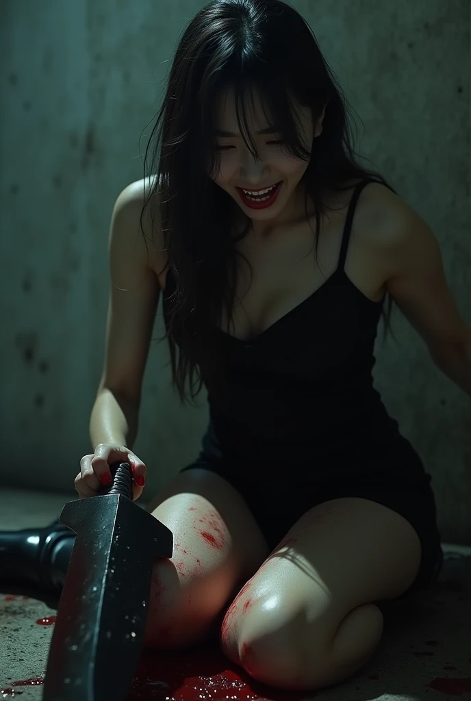 Cat woman, knife, blood splashing, blood splashed