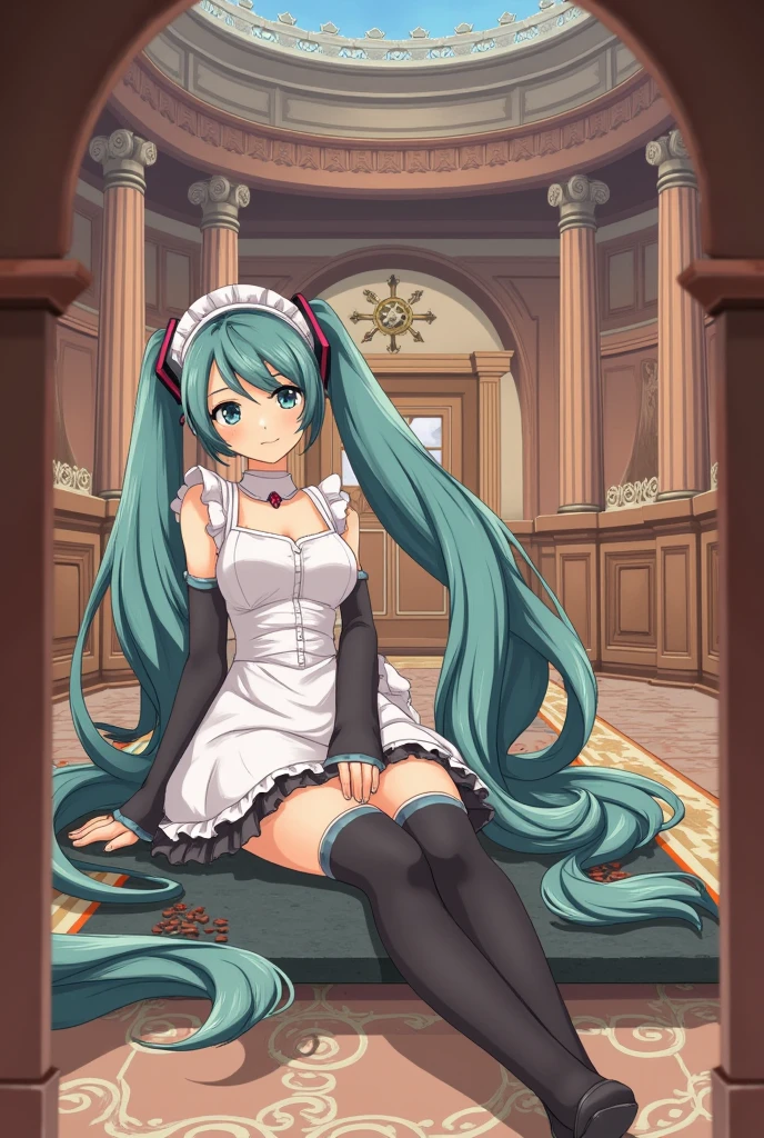 (masterpiece、 best quality、 best quality、 Official Art、 beautiful and beautiful :1.2)、( one girl who is at ease:1.3) Hatsune Miku、 twin tails, Beautiful breasts,classic maid、Western-style building