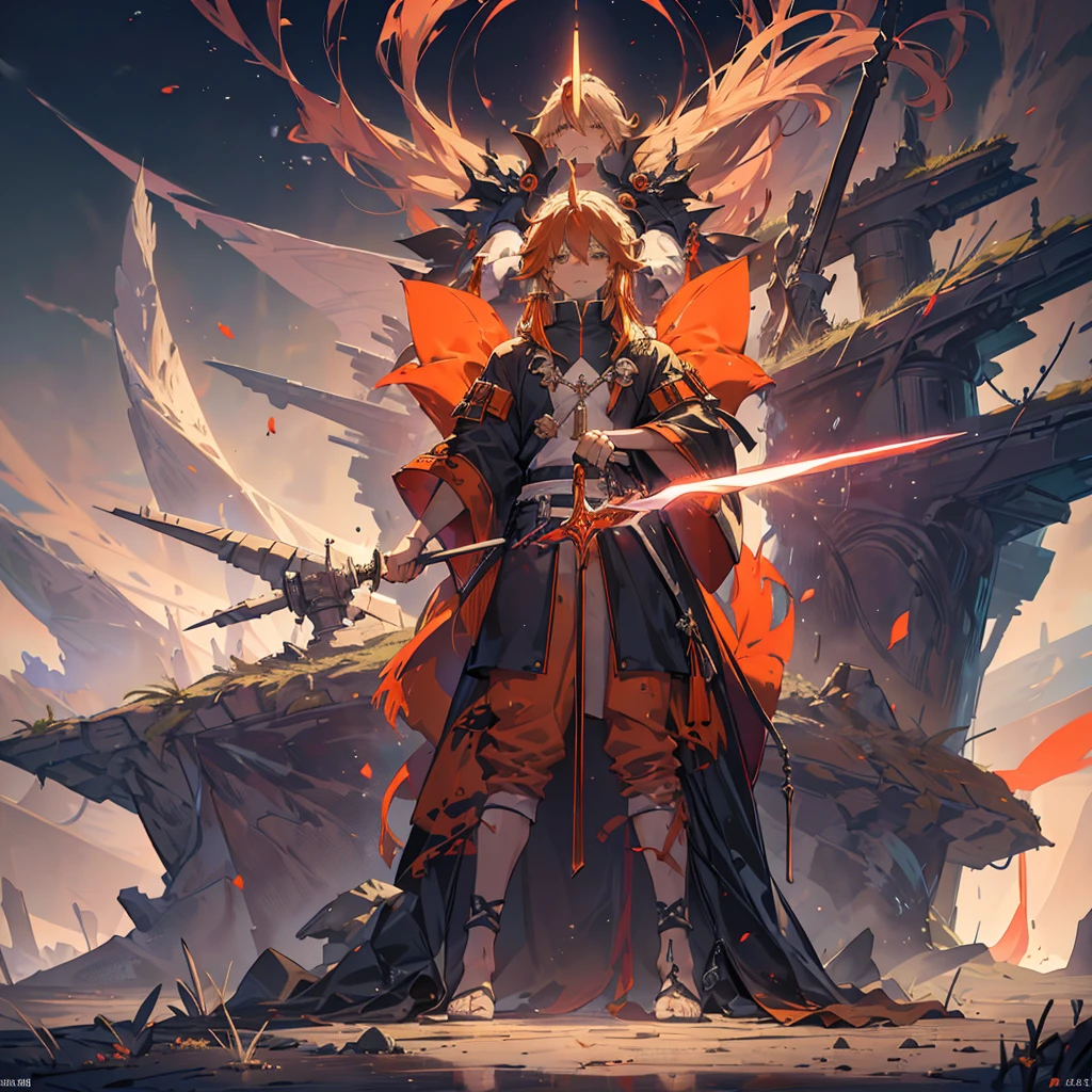 GUILTY GEAR, {{{{{Illustration of a person}}}}, {{{ orange battle coat}}}, Orange and black outfit ,  long brand hair,  straight hair , 36k image quality ,  long bangs  ,  close your mouth and laugh , ４０Old man,  handsome, Narrow green eyes ,  Official Art、  best quality、  Unity 8K Wallpaper 、32K、masterpiece、 super detailed, Male nose, Male Eyes  , Male outline  , {{{ carrying a large red sword }}}, Fighting in the old battlefield ,  acrobatic poses,