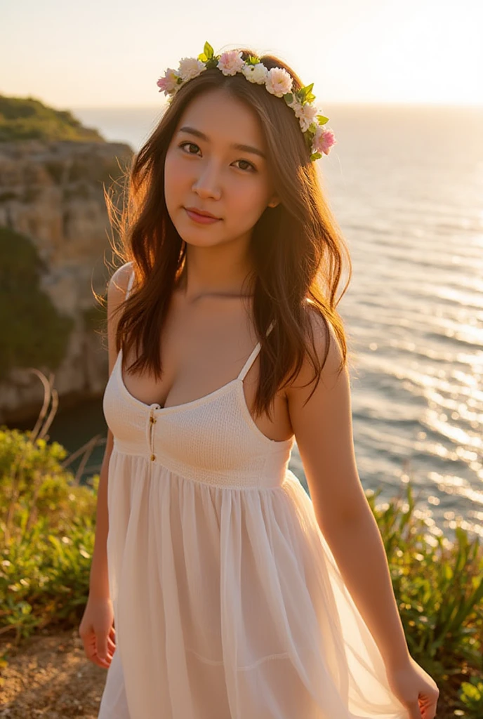  Thai woman, A stylish Asian teenage girl in a flowy white summer dress, standing gracefully on a cliff overlooking the ocean at sunset. Her hair is styled in loose beach waves, and she wears a delicate flower crown. The warm, golden light casts a beautiful glow on her face. Detailed face, beautiful eyes, high resolution, photorealistic, natural lighting, vibrant colors, trendy fashion, ocean sunset backdrop, elegant pose.