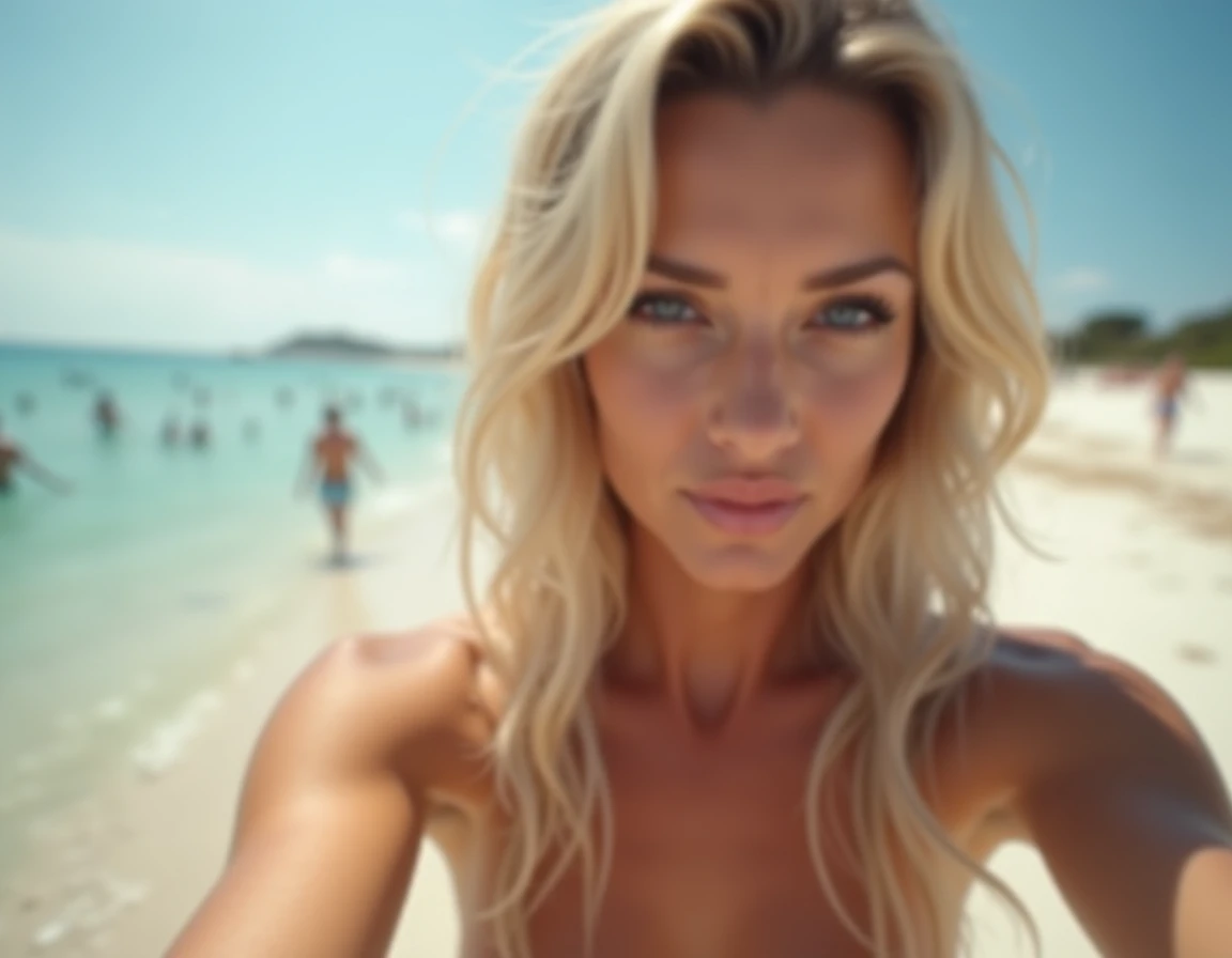There is a young girl posing for a photo on the beach, (same face in the photograph) naked, blonde, fitness body, ABS, toned legs,round buttocks and fitness, flat chest,expanded neck, tanned body, unclothed, with sunglasses, exposed tits, exposed chest, exposed vagina, nothing covers his torso, is 100% naked y sexi, the girl has a shaved vagina.