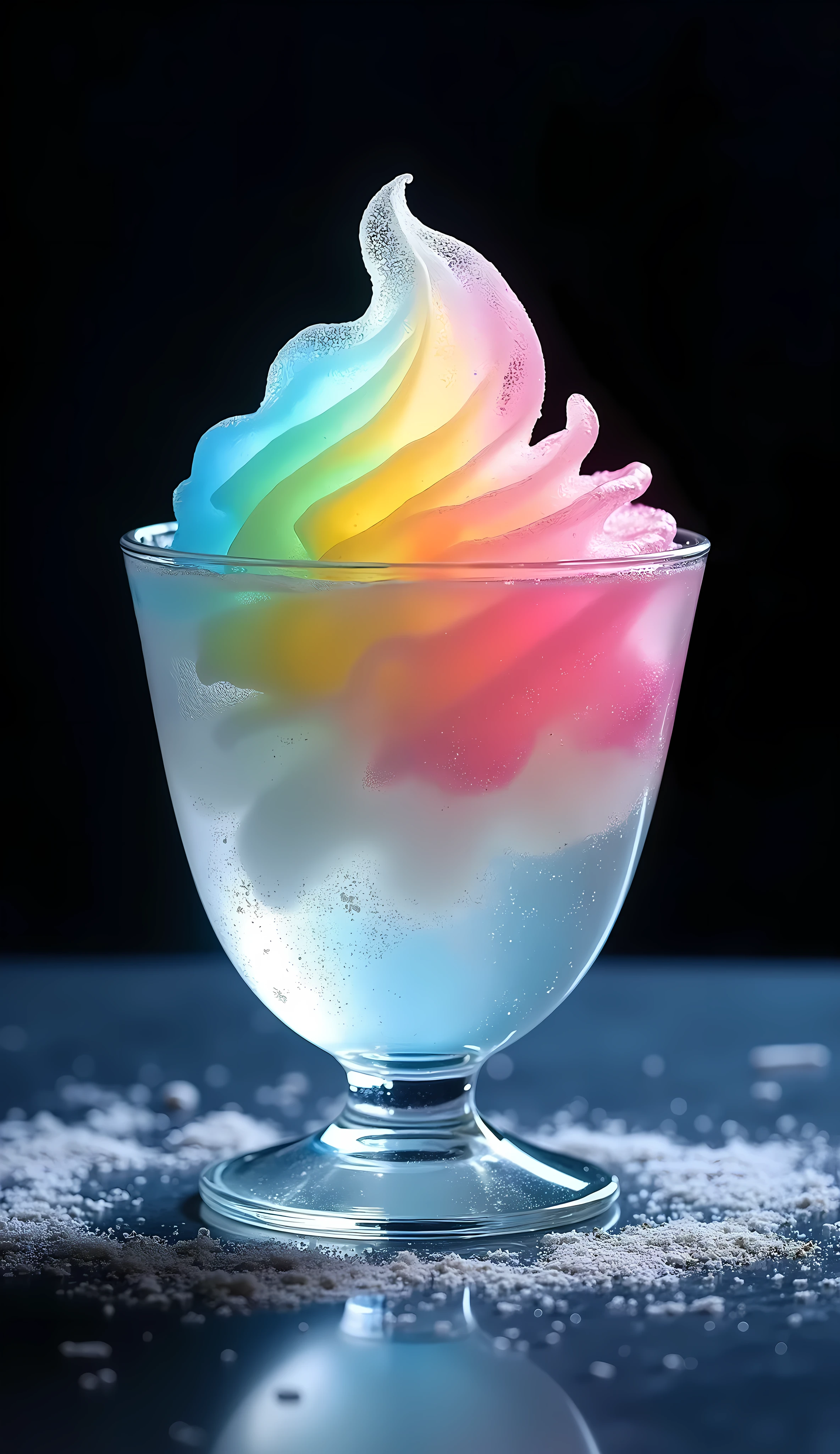 (Shaved Ice, colorless transparent lower layer ), ( topping placed on top , Clear, thinly sliced flag-shaped daikon,  shape reminiscent of auroras ), Rainbow-colored aurora syrup sprinkled only on the upper layer,  highly transparent crystal vessel, A dark background that attracts the protagonist , BREAK changes tropical colors from the lower layer to the upper layer slowly 々It will change to a tropical color,  The finest dish inspired by Aurora Above Glacier, Illuminated by rainbow-colored cinema lights , (Concept image,  aurora above glacier), (Shaved Ice inspired by a glacier,  with sliced daikon that looks like an aurora), 