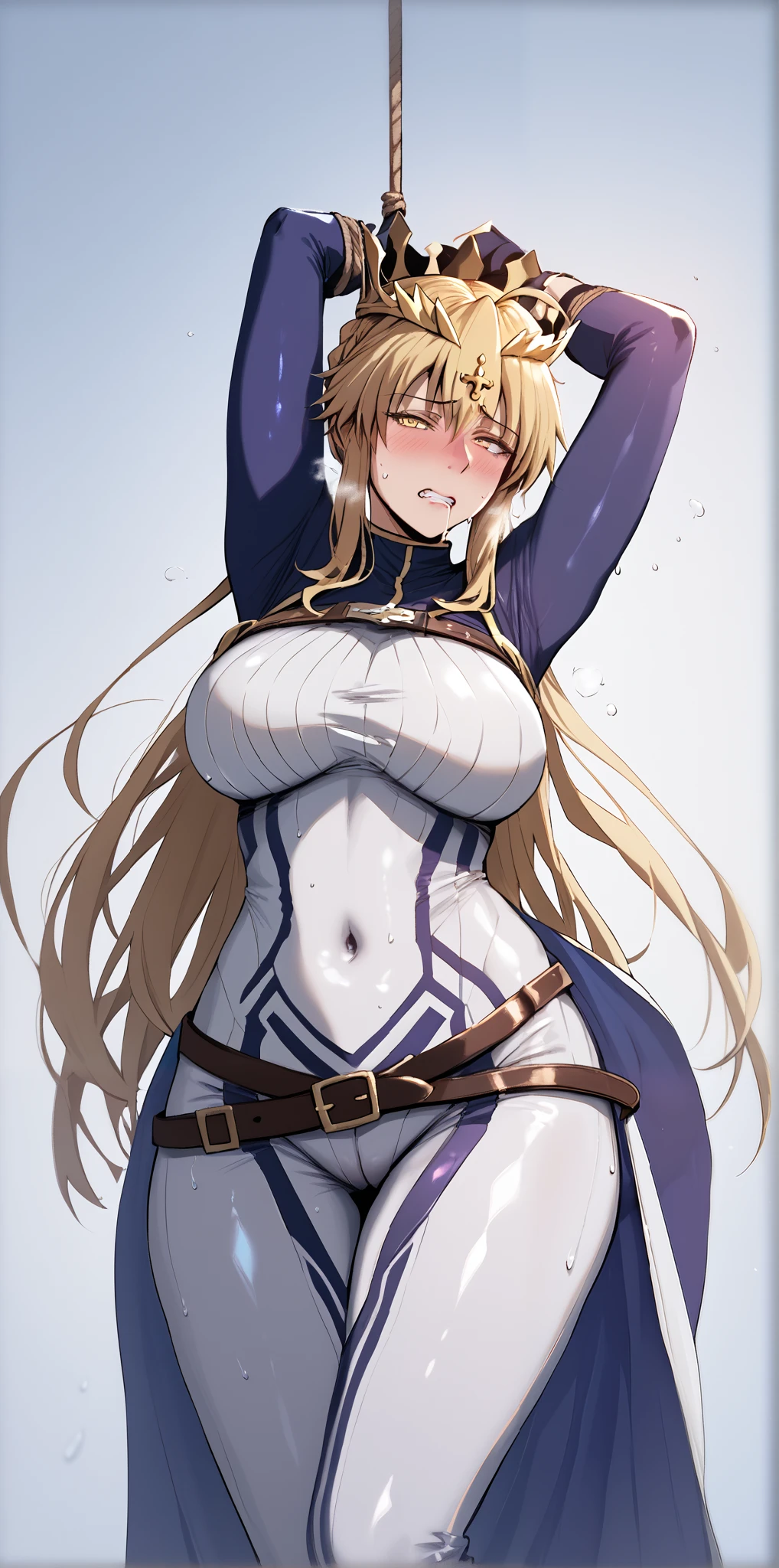 score_9, score_8_up, score_7_up, score_6_up, uncensored, score_9, score_8_up, score_7_up, score_6_up, uncensored, (24yo girl:1.1), strong milf, Artoria Pendragon Lancer, long hair, blonde hair, yellow eyes, sidelocks, single hair bun, french braid, crown, BREAK detailed eyes, (perfect hands, perfect anatomy), detailed skin texture, (blush:0.5), (goosebumps:0.5), subsurface scattering, cinematic, Sharp focus, humorous illustration, big depth of field, Masterpiece, concept art, trending on artstation, Vivid colors, Simplified style, trending on ArtStation, trending on CGSociety, Intricate, Vibrant colors, Soft Shading, Simplistic Features, Sharp Angles, Playful, excessive sweating, sweating profusely, sweating drop BREAK, large_breasts, bodysuit, black_gloves, solo,blush, belt, looking_at_viewer, bangs, arms_up, rope, fingerless_gloves, covered_navel, embarrassed, blush face, looking at viewer, clenched teeth, drooling, torn, lose belt, thick, bound, thigh, messy hair, 