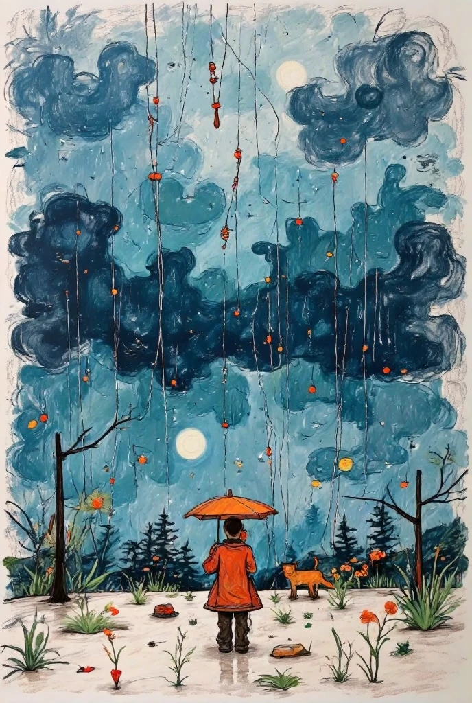 2D, flat, night landscape, Sky without sun, Storm and rain weather ,  lonely man on the horizon under an umbrella,  drawing with cold and dark tones