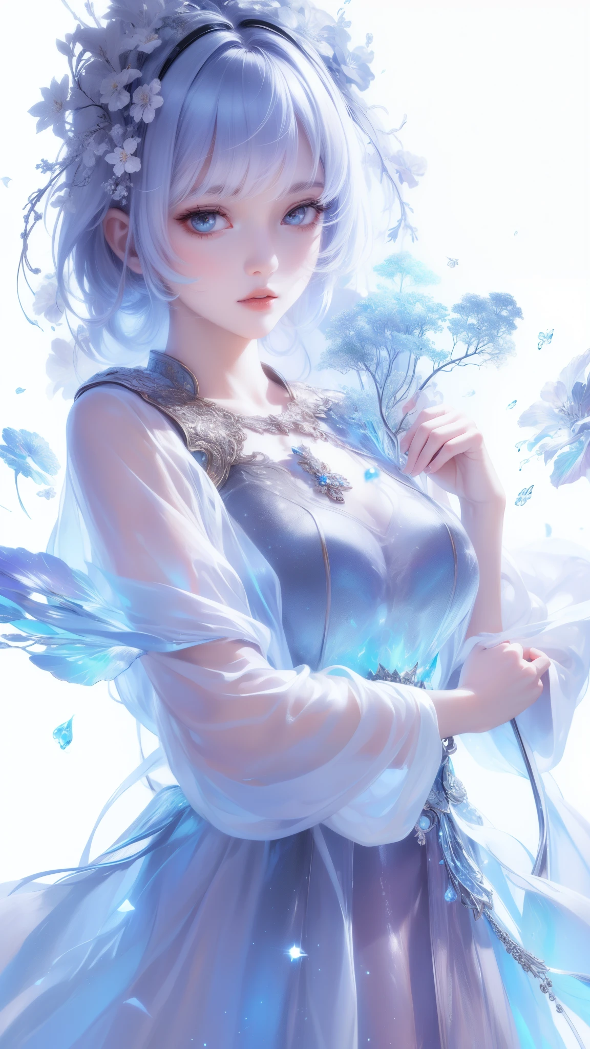 Anime girl with blue hair and white dress holding a flower - SeaArt AI