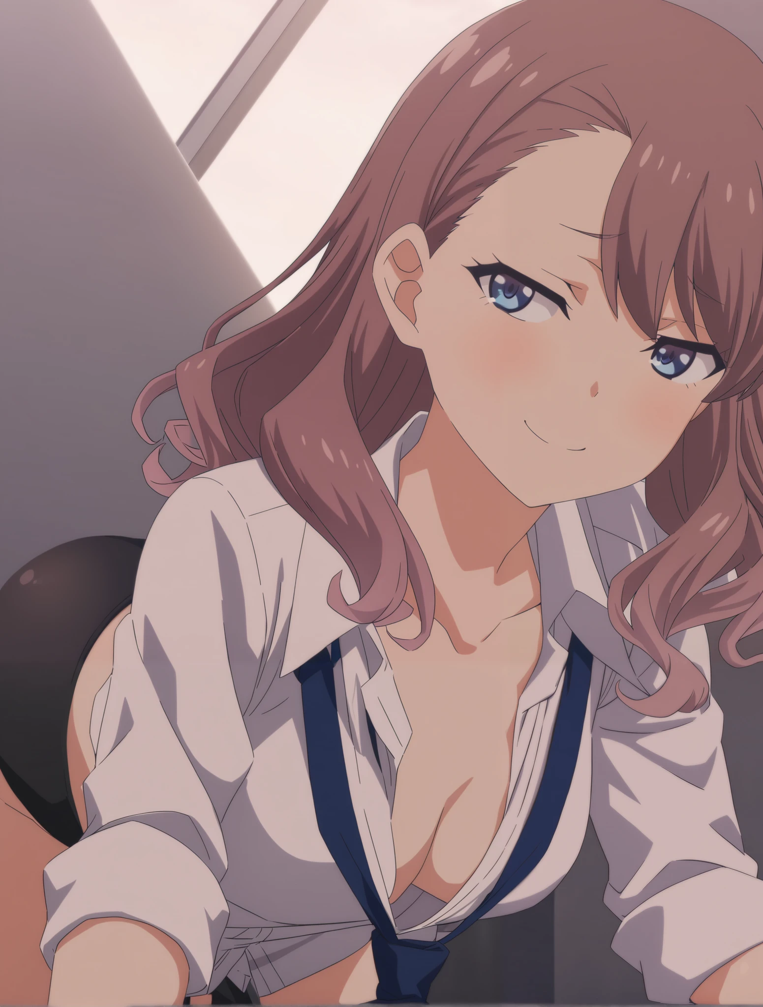 NSWF,satoumaya, 1girl, blue eyes, brown hair, bangs, school uniform, shirt, sweater,sleeves rolled up , necktie, jitome, close up, smile, looking at viewer, [anime screencap::0.3], masterpiece,best quality,black elotic panties,Crawl on all fours and show your butt,pussy,ass hole,from the back angle、