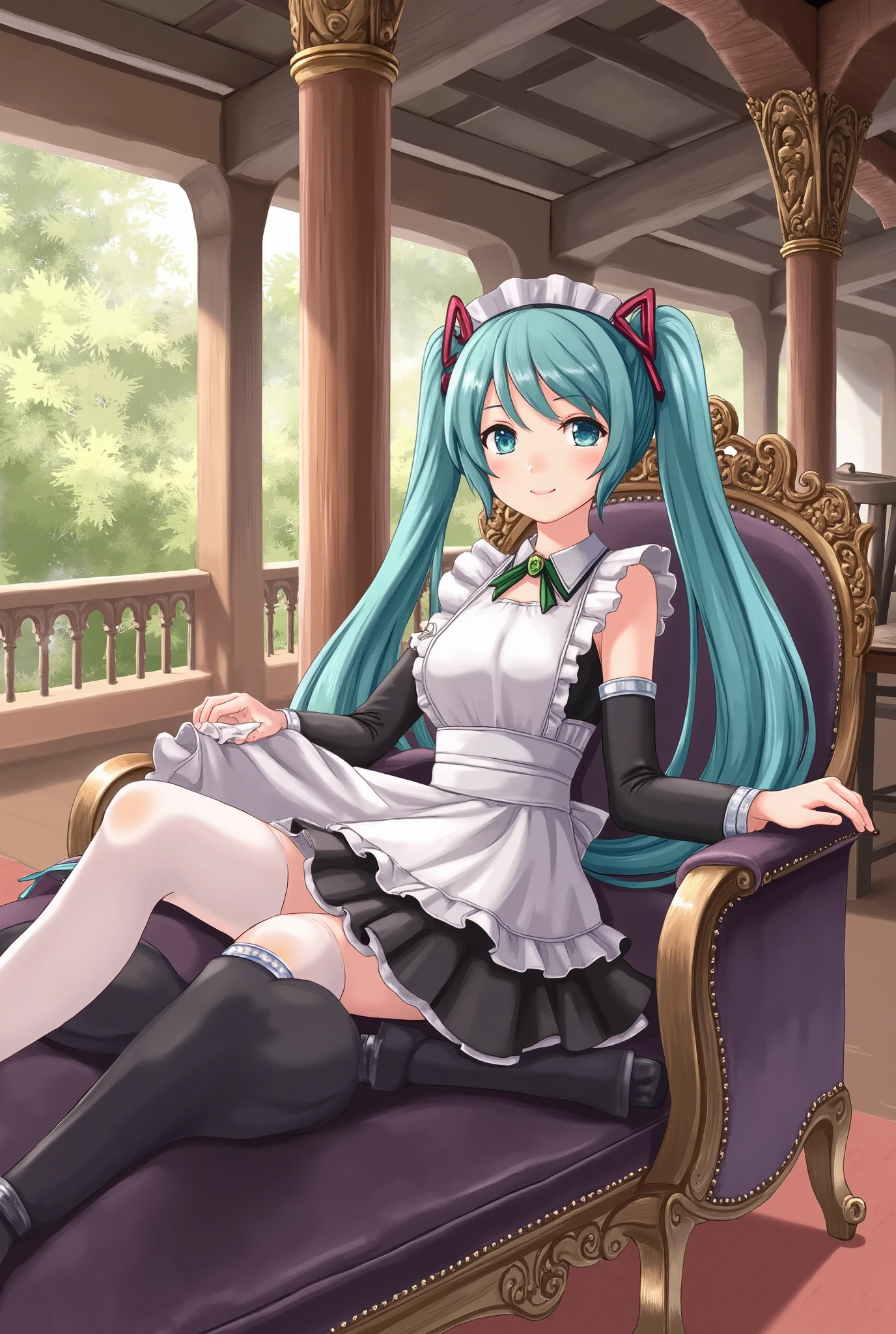 (masterpiece、 best quality、 best quality、 Official Art、 beautiful and beautiful :1.2)、( one girl who is at ease:1.3) Hatsune Miku、 twin tails, Beautiful breasts,classic maid、Western-style building