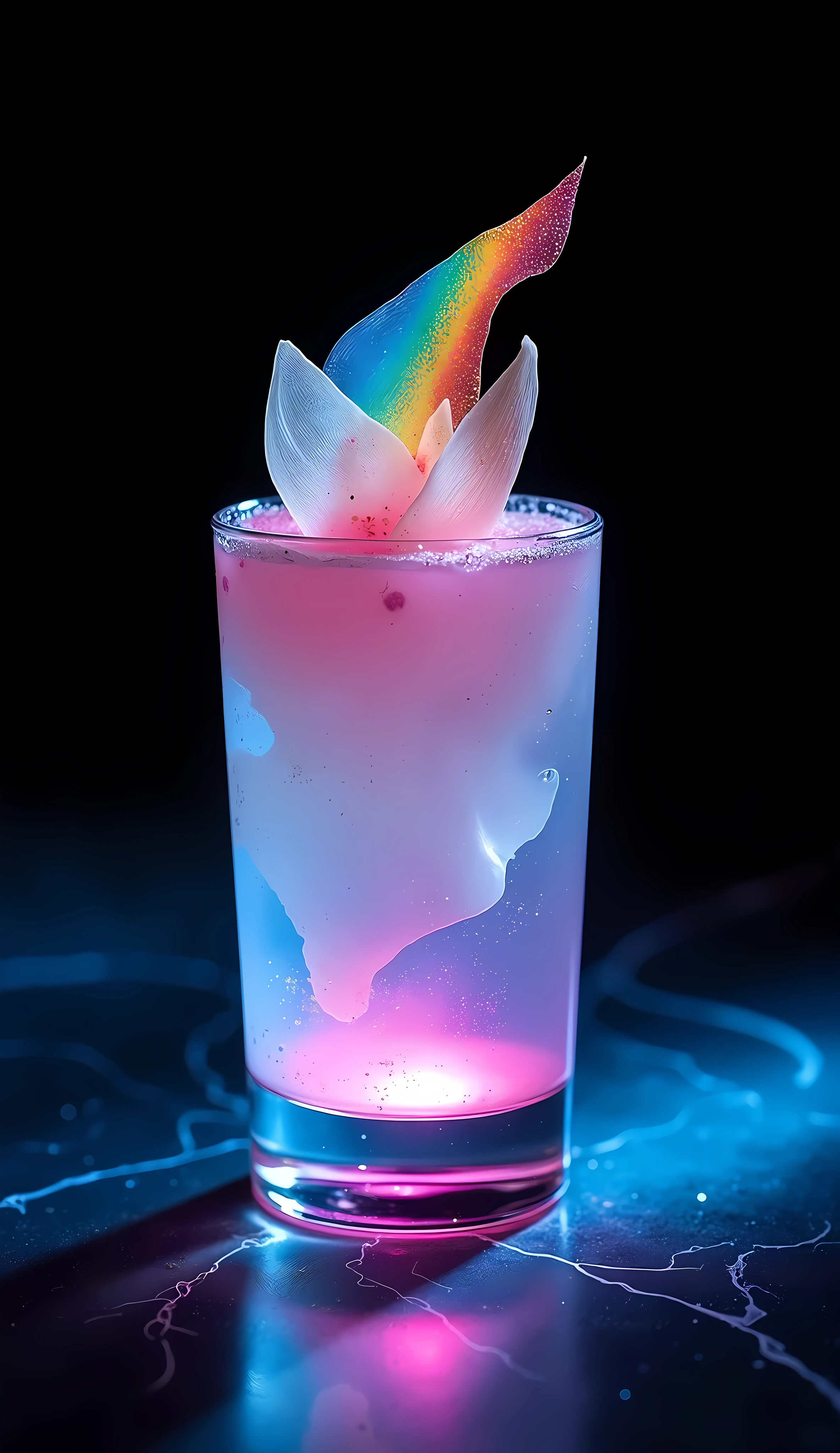 (Shaved Ice, colorless transparent lower layer ), ( topping placed on top ,  clear thinly sliced flag shaped daikon,  shape reminiscent of auroras ), Rainbow-colored aurora syrup sprinkled only on the upper layer,  highly transparent crystal vessel, A dark background that attracts the protagonist , BREAK changes tropical colors from the lower layer to the upper layer slowly 々It will change to a tropical color,  The finest item inspired by auroras above a glacier, Illuminated by rainbow-colored cinema lights , 