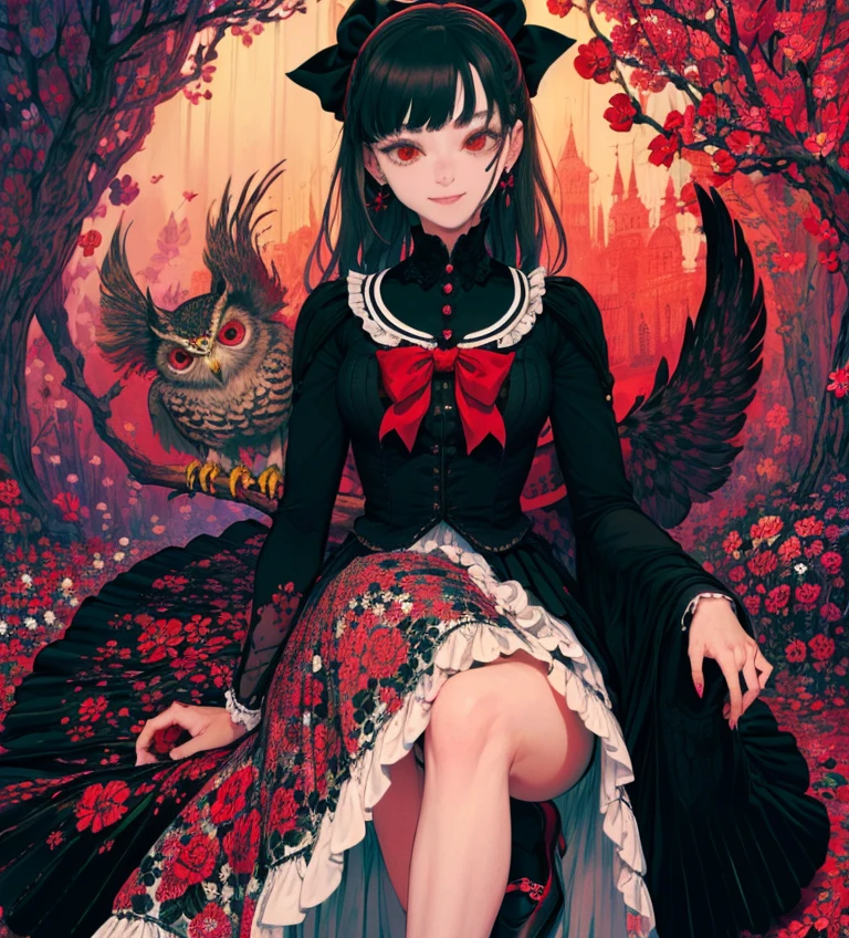 masterpiece,  best quality, Set against the backdrop of an intricately detailed , woman, beautiful,  elegant , Infected face, smile, Rainbow long hair, bangs, bow, hair bow,  skirt,  shirt,  Long Sleeve , frills, shoes, bowtie, (Red and Black:1.4), flower, owl under guard，