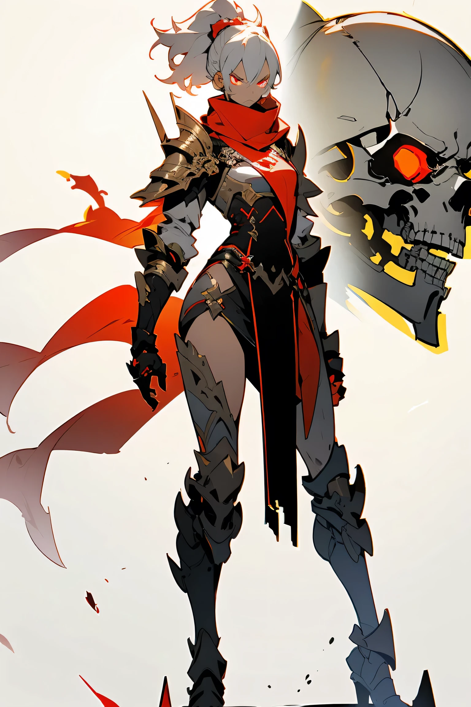 darkskin woman in fantasy clothes, white short hair in a ponytail, red eyes, Torn white scarf, yellow and black Armor, skull-shaped shoulder pad, skull Knee Pads, aura (red), angry, rage mode, full body view, expressive eyes and nose and mouth, un-zoom, highly detailed, white background