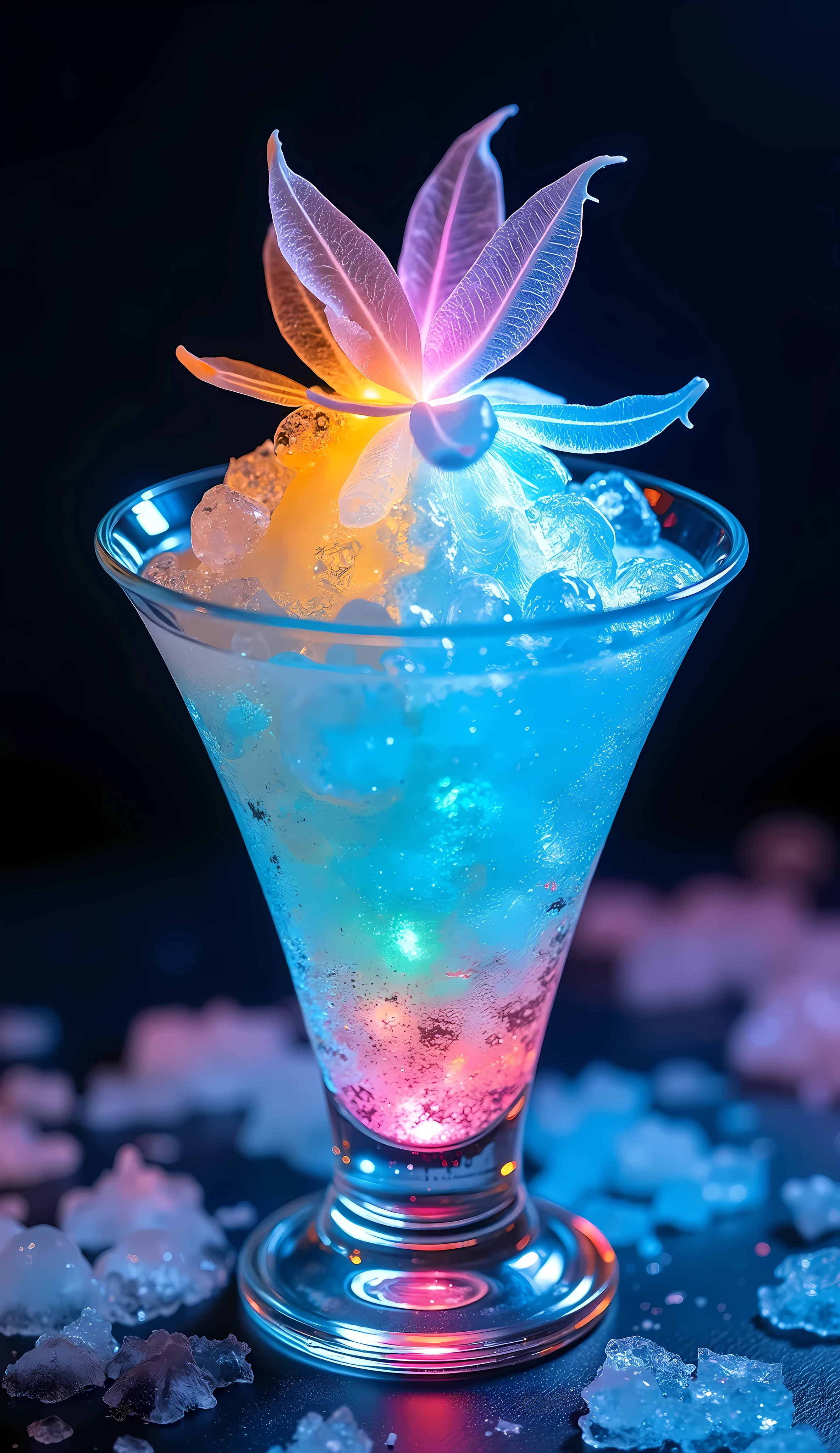 (Shaved Ice, colorless transparent lower layer ), ( topping placed on top ,  translucent thinly sliced flag shaped daikon,  shape reminiscent of auroras ), Rainbow-colored aurora syrup sprinkled only on the upper layer,  highly transparent crystal vessel, A dark background that attracts the protagonist , BREAK changes tropical colors from the lower layer to the upper layer slowly 々It will change to a tropical color,  The finest dish inspired by Aurora Above Glacier, Illuminated by rainbow-colored cinema lights , (Concept image,  aurora above glacier), (Shaved Ice inspired by a glacier,  with sliced daikon that looks like an aurora), 